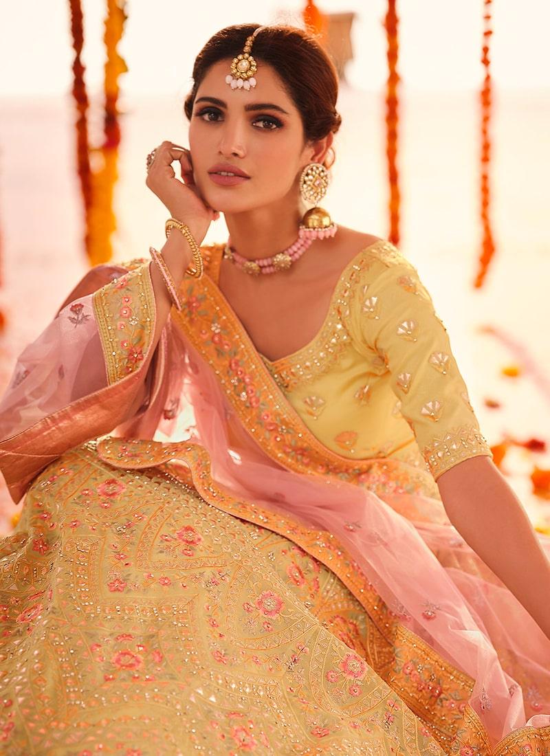 Elegant Yellow Color Organza Fabric Gota And Stone Work Lehenga Best Place To Buy