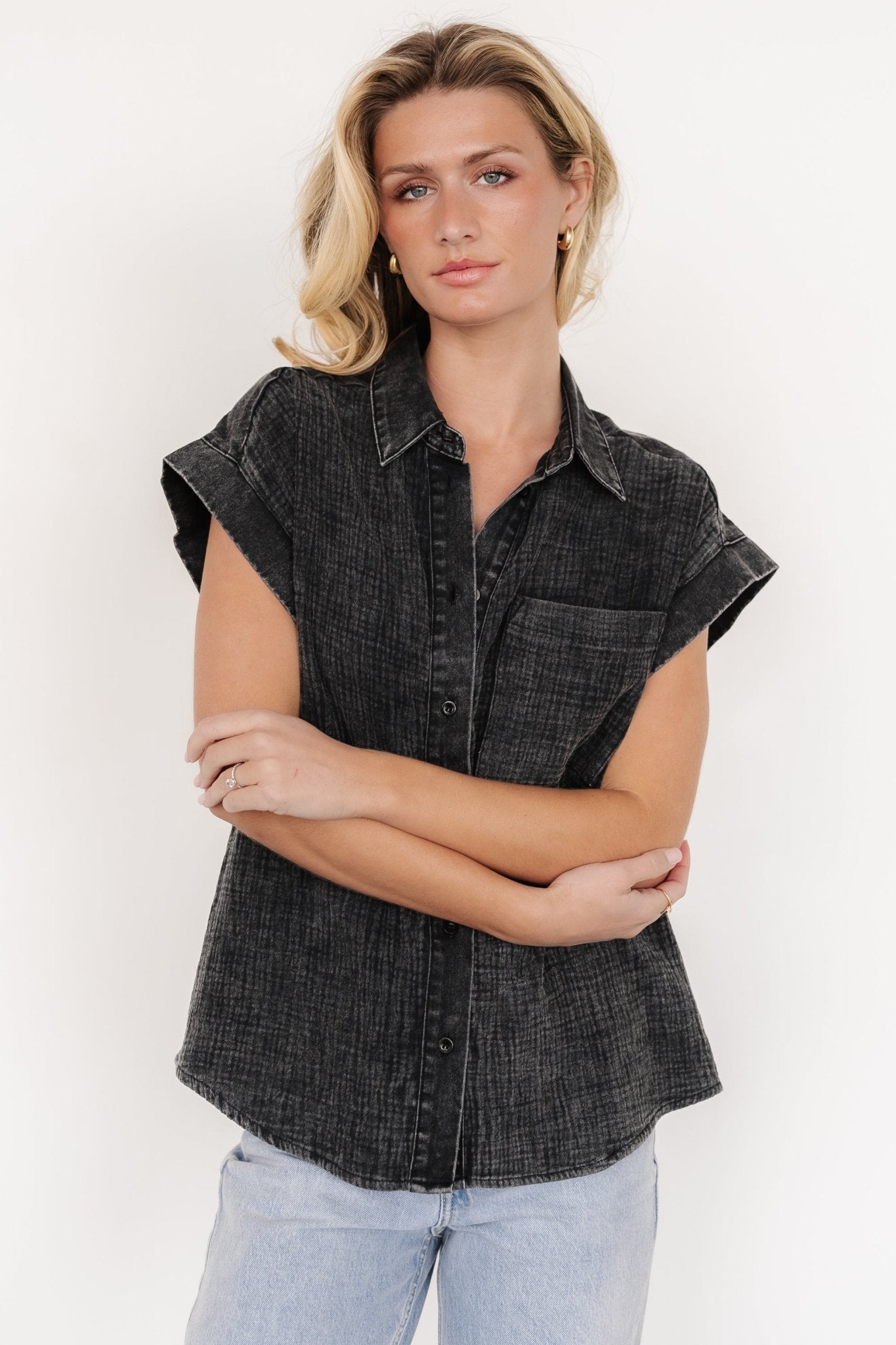 Jaye Button Top | Washed Black Clearance Cost