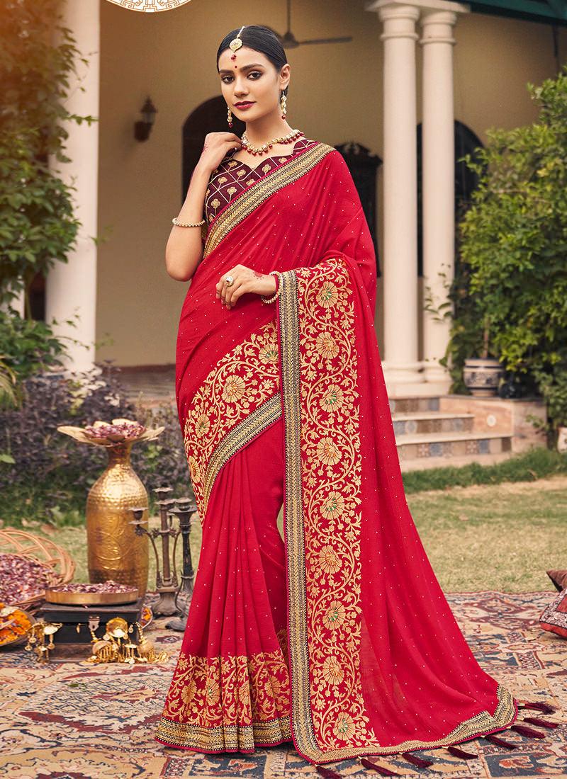 Red Color Embroidered Traditional Saree Classic Cheap Pice