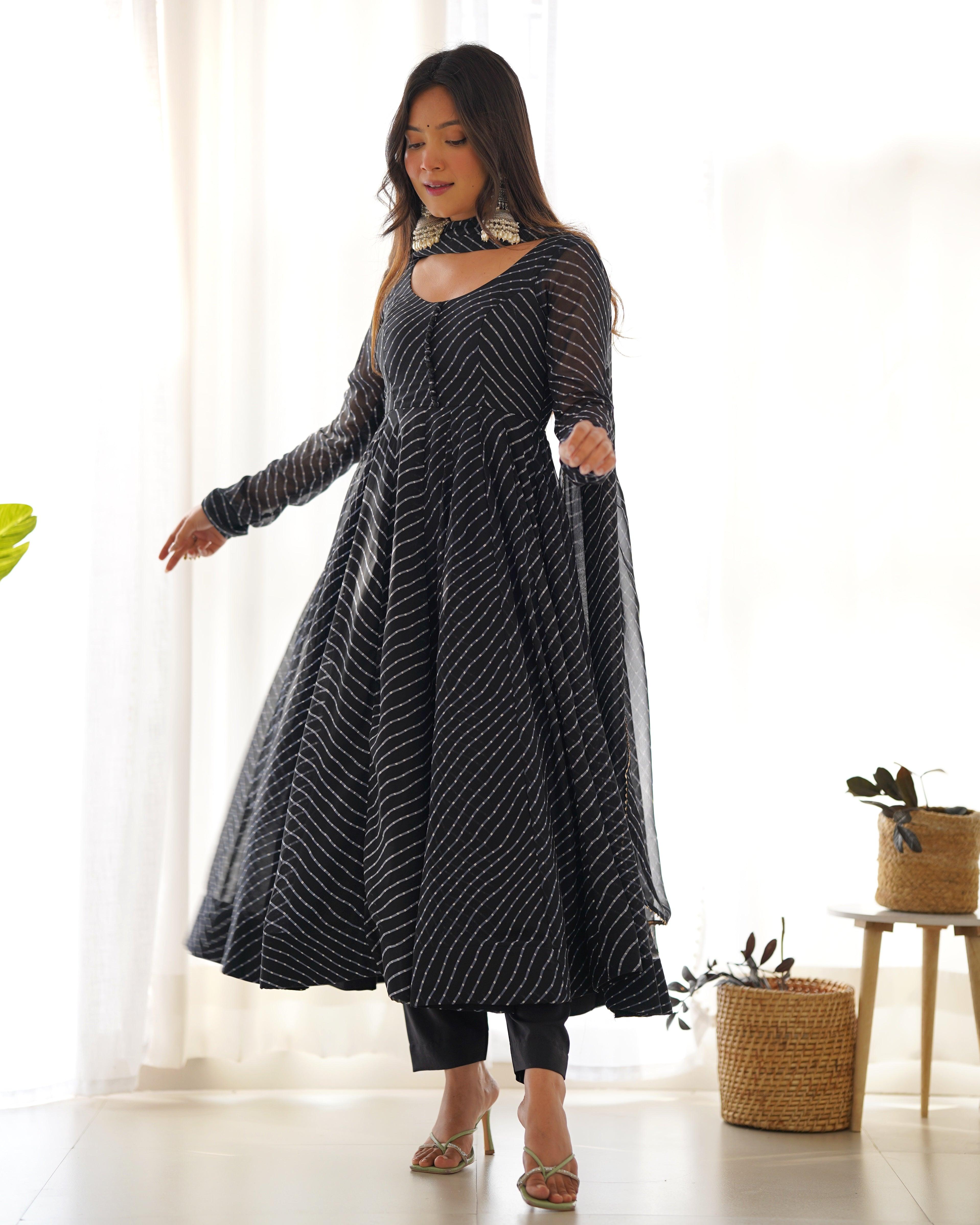 Black color georgette laheriya printed anarkali suit with dupatta Free Shipping Best Pices