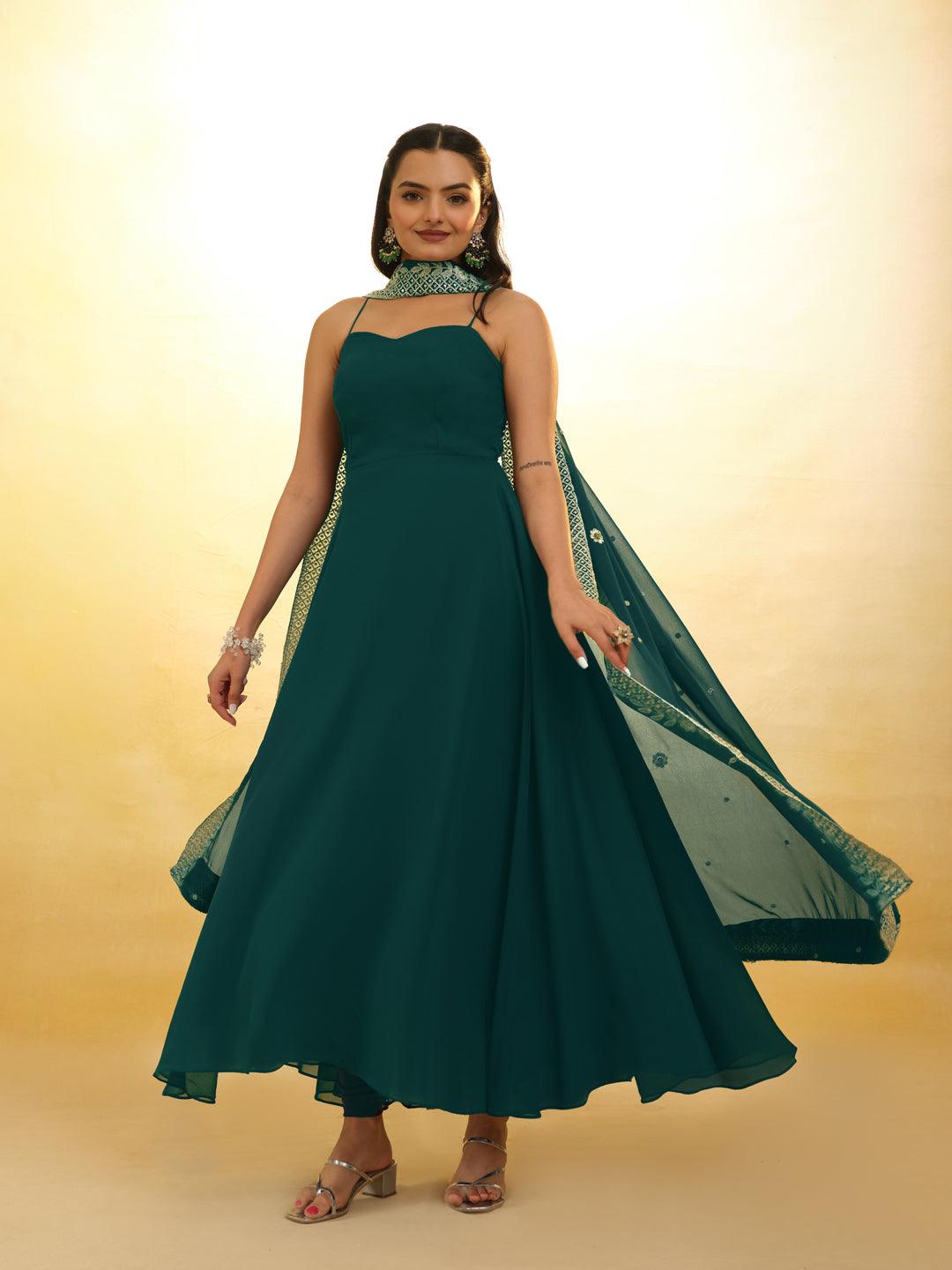 Teal Georgette ready-to-wear gown with dupatta Free Shipping Outlet Store