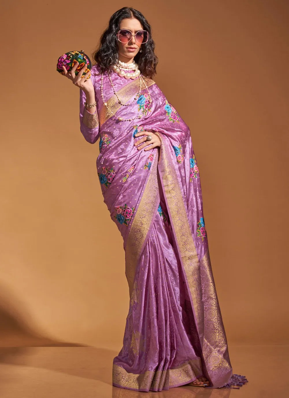 Lavender Pure Satin Silk Floral Printed Weaving Worked Saree Deals Cheap Online