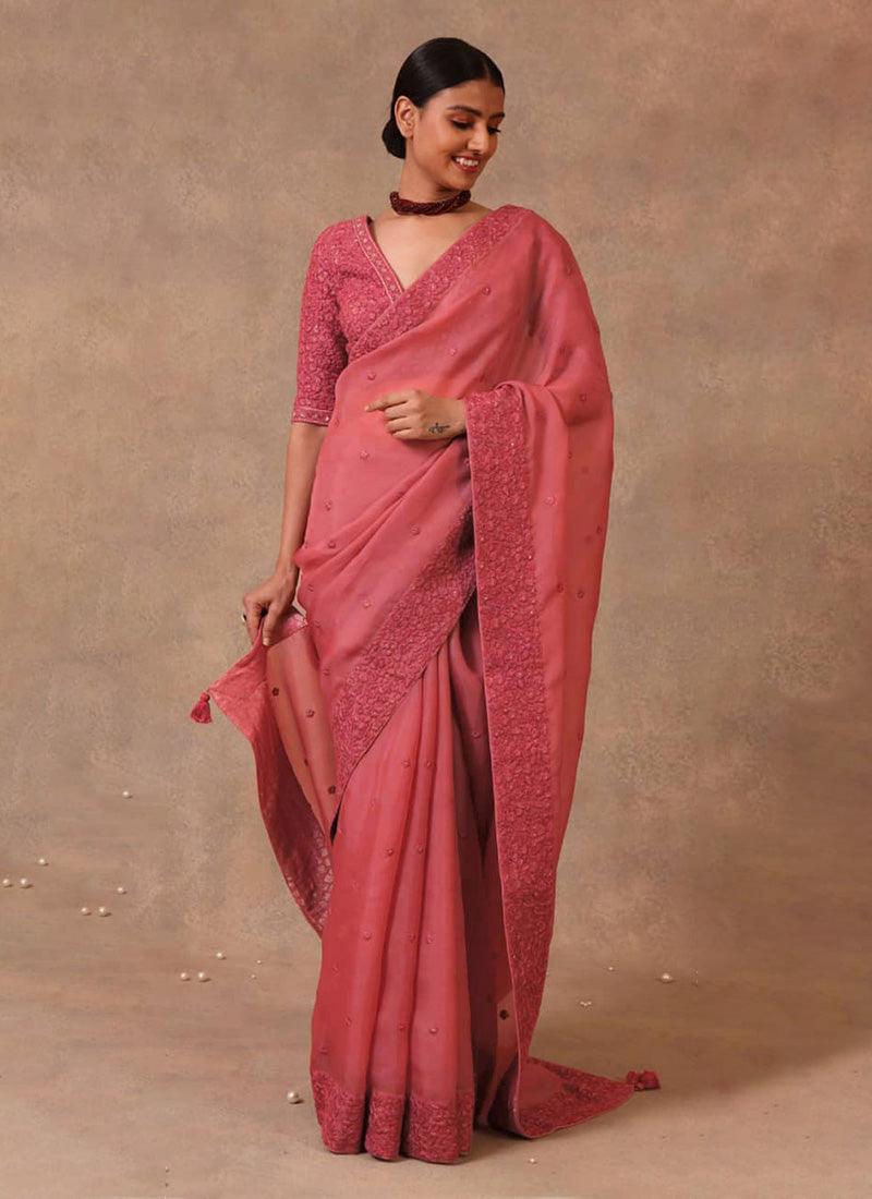 Elegant Peach Pink Color Organza Base Saree With Thread And Sequins Work Buy Cheap Extremely