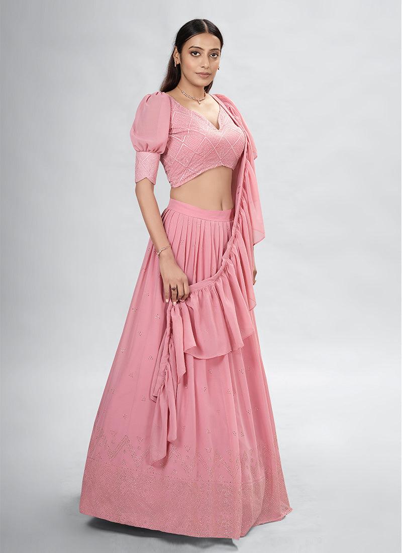 Puff Sleeves Mukaish Work Pastel Pink Lehenga Cheap Affordable