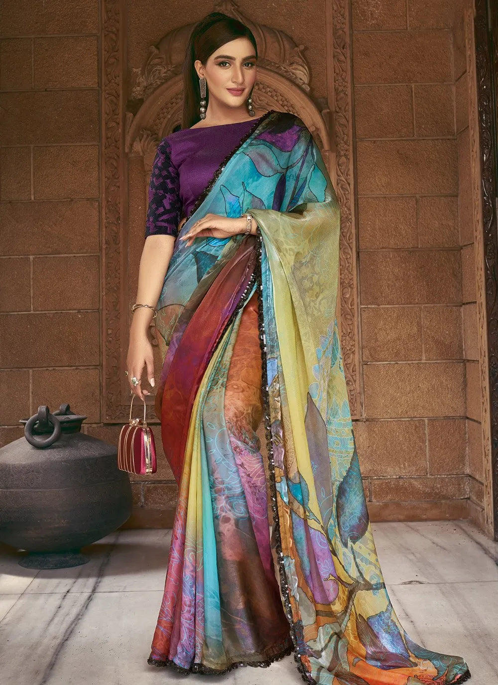 Abstract Printed Saton Silk Bead Sequins Worked Designer Saree Buy Cheap Pice