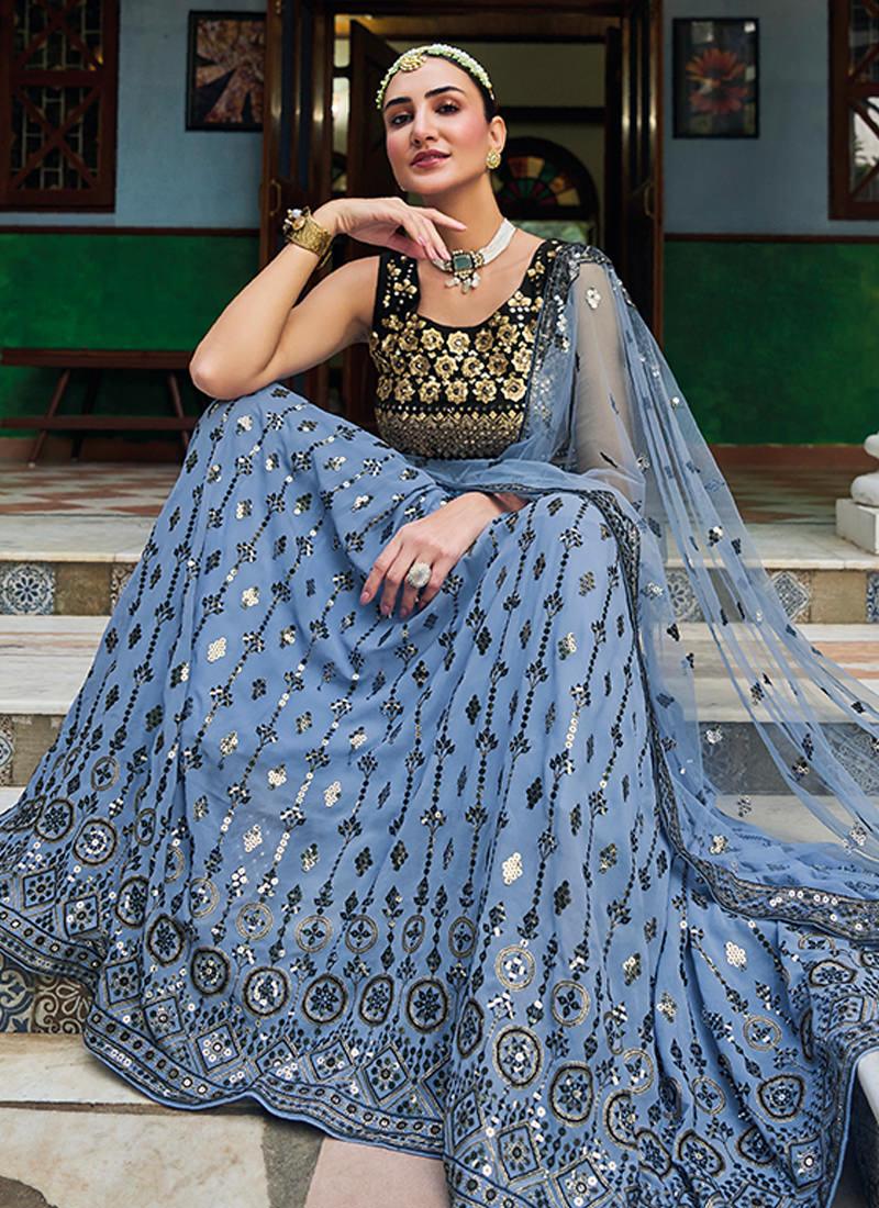 Heavy Thread With Sequins Sky Blue Flared Lehenga 2025 Cheap Online