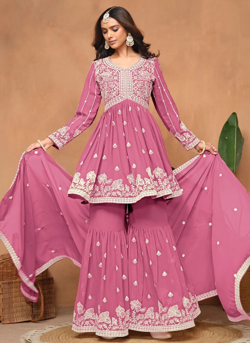 Pink Faux Georgette Sequins Embroidered Designer Top Sharara Suit Clearance Best