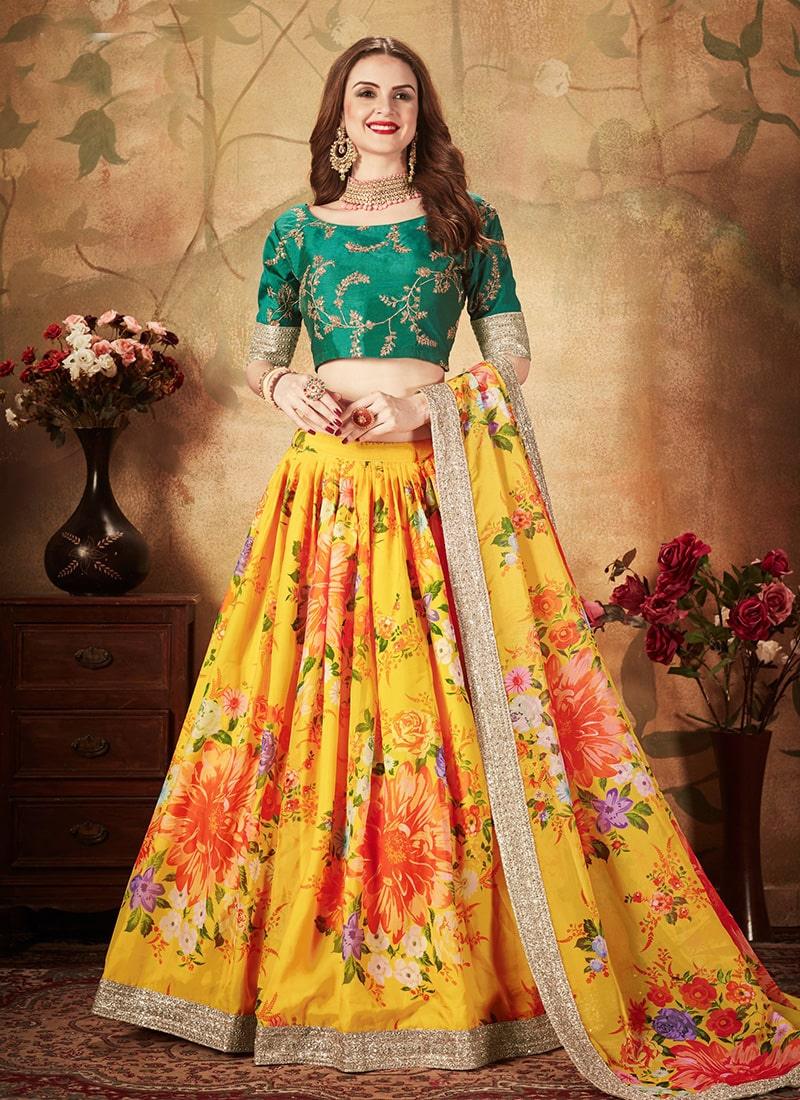 Ethnic Wear Yellow Color Organza Fabric Floral Print Lehenga Great Deals Cheap Pice