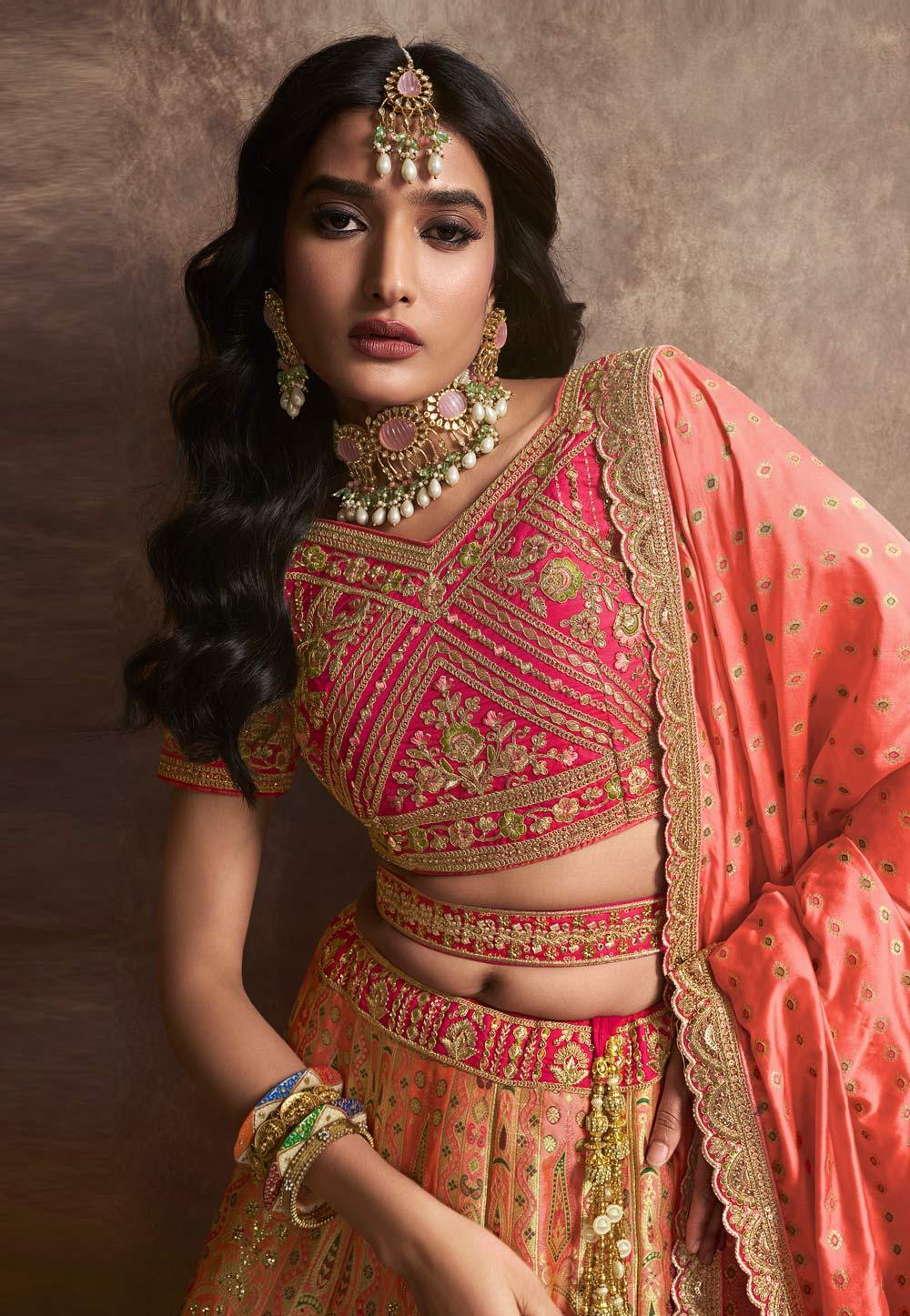 Peach Pink Banarasi Silk Sequins Embroidered Wedding Lehenga Choli Many Kinds Of Online