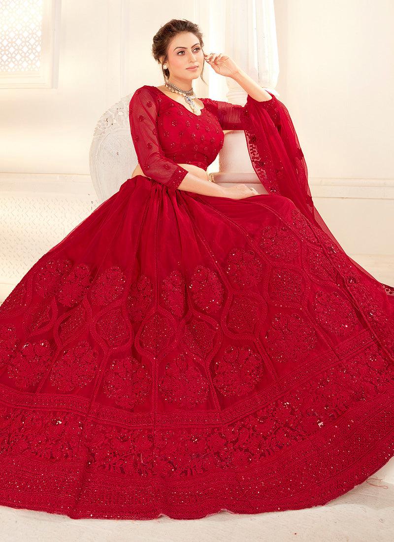 Red Color Admirable Net With Silk Satin Work Wedding Wear Lehenga Choli Cost Cheap Online