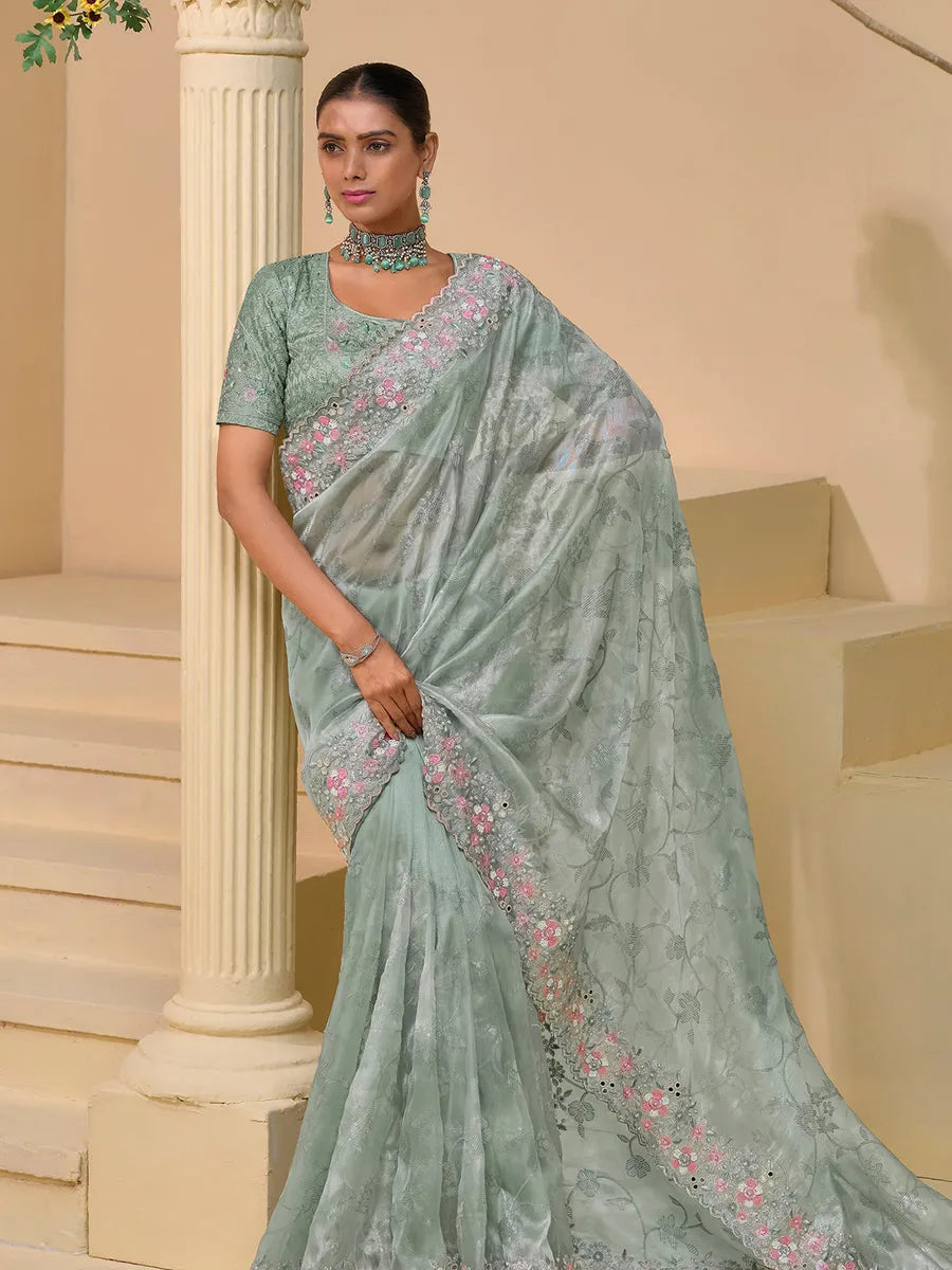 Phenomenal Pista Shine Silk Embroidered Saree Excellent