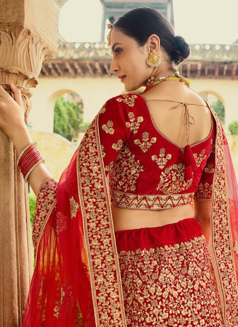 Elegant Red Velvet Base Zari Work Detailed Bridal Lehenga Choli Discount Sale Online