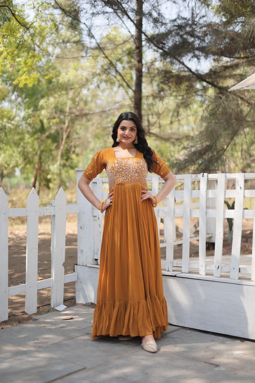 Mustard Yellow Anarkali Dress with Intricate Embroidery Buy Online