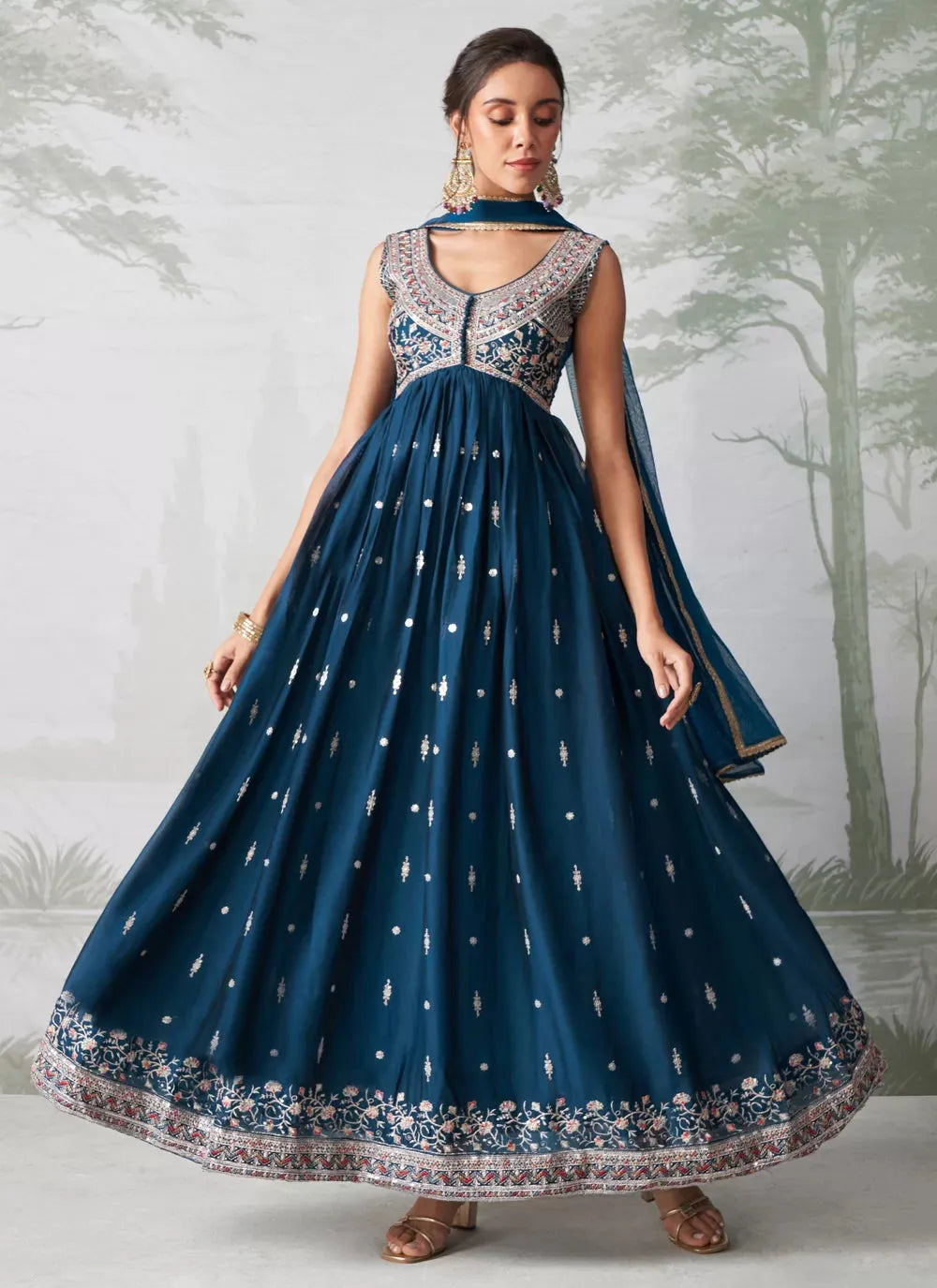 Elegant Teal Blue Embroidered Designer Anarkali Suit Big Discount Cheap Pice