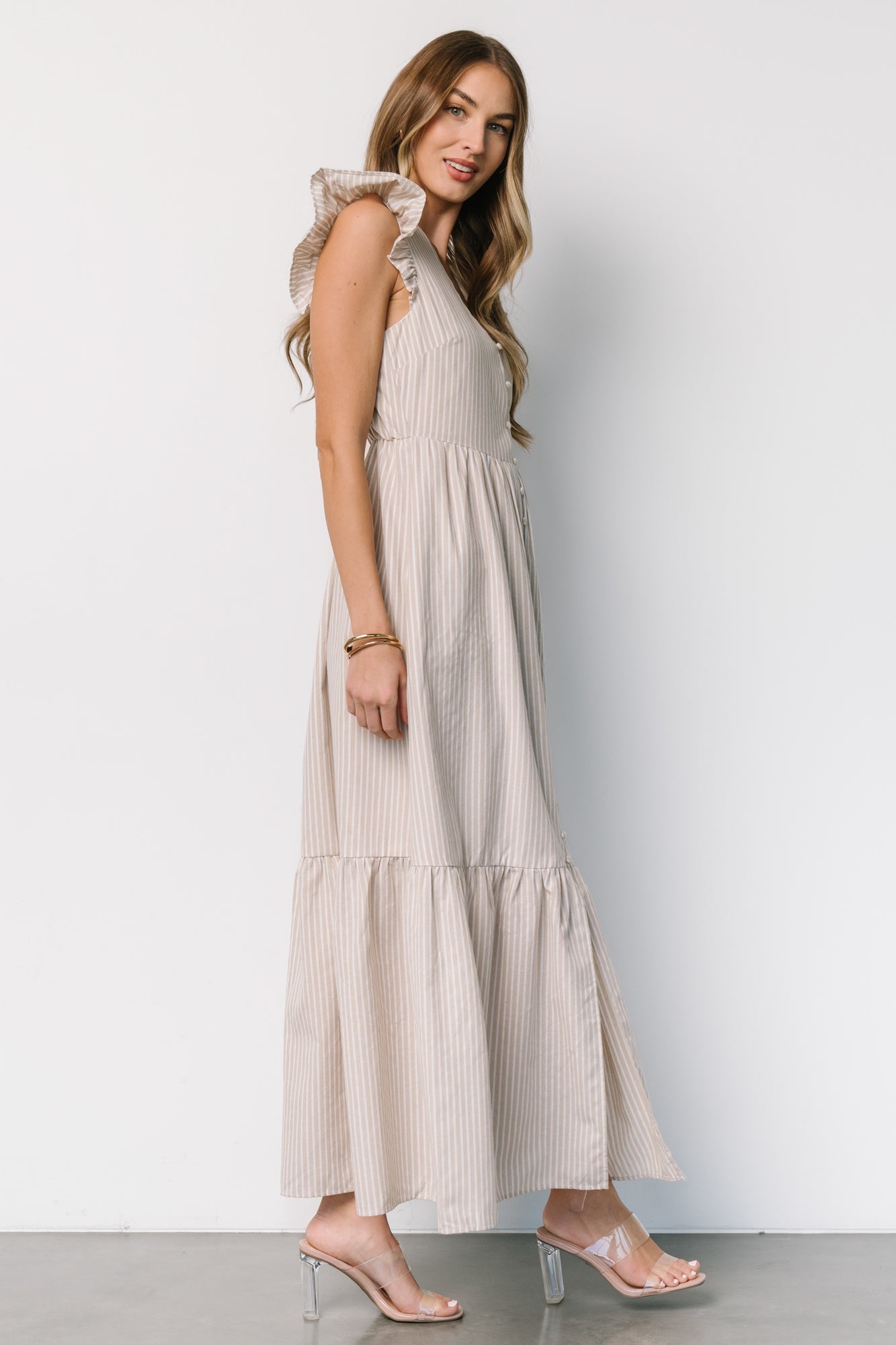 Hettie Button Maxi Dress | Beige Stripe Cheap Good Selling