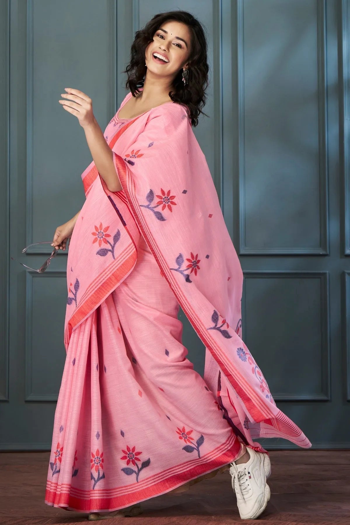 Wewak Pink Handloom Linen Saree In China