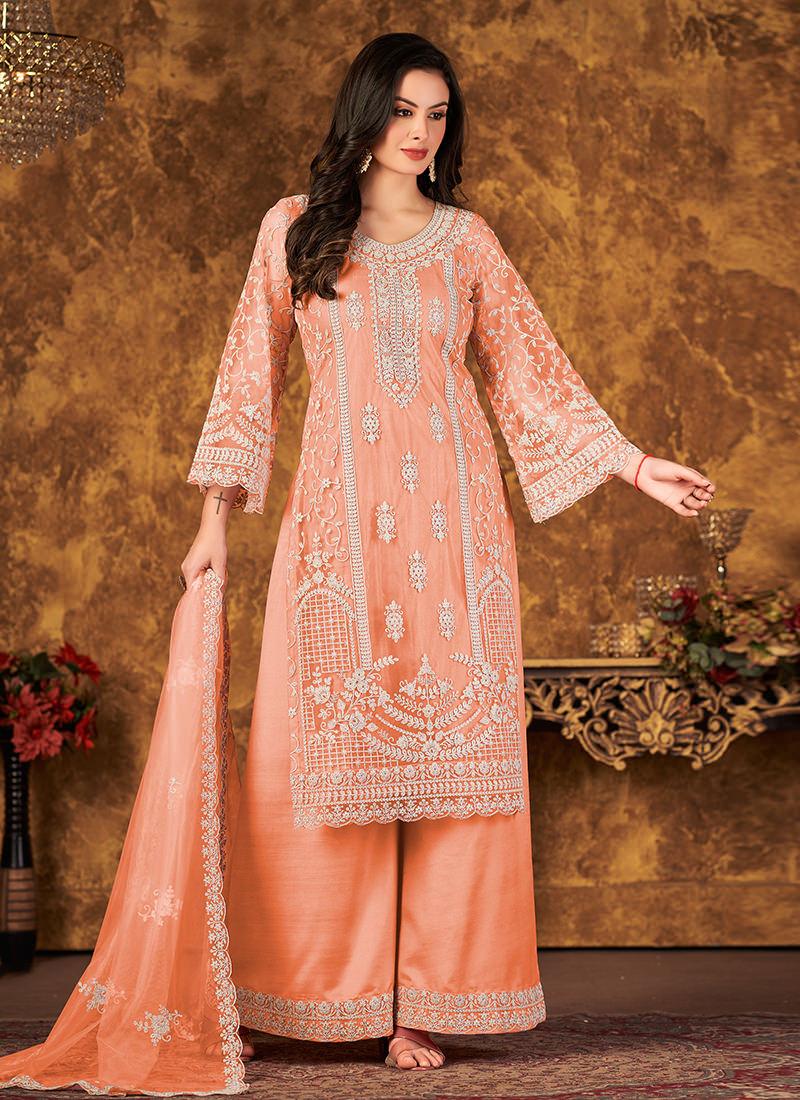 Peach Color Bell Sleeves Palazzo Salwar Suit Clearance Websites