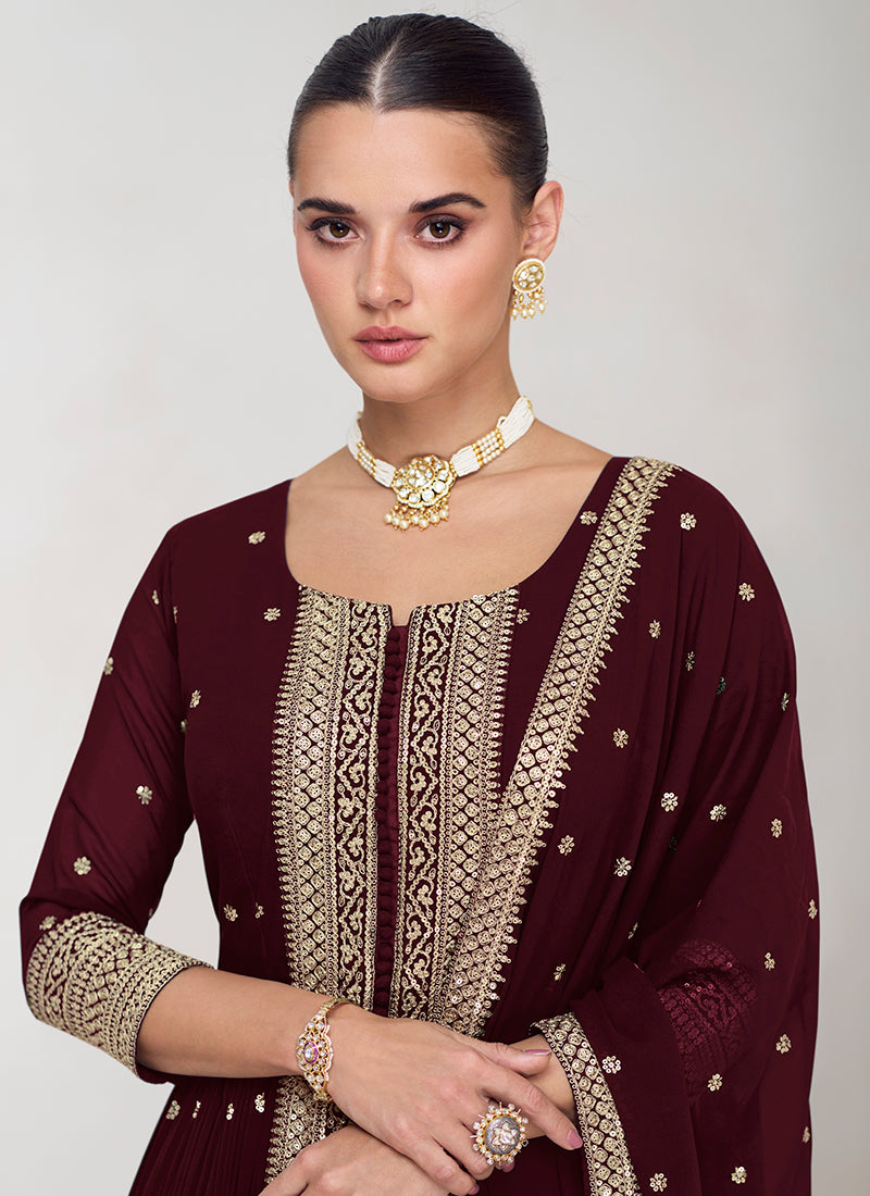 Elegant Maroon Embroidery Traditional Palazzo Suit New Styles Cheap Pice