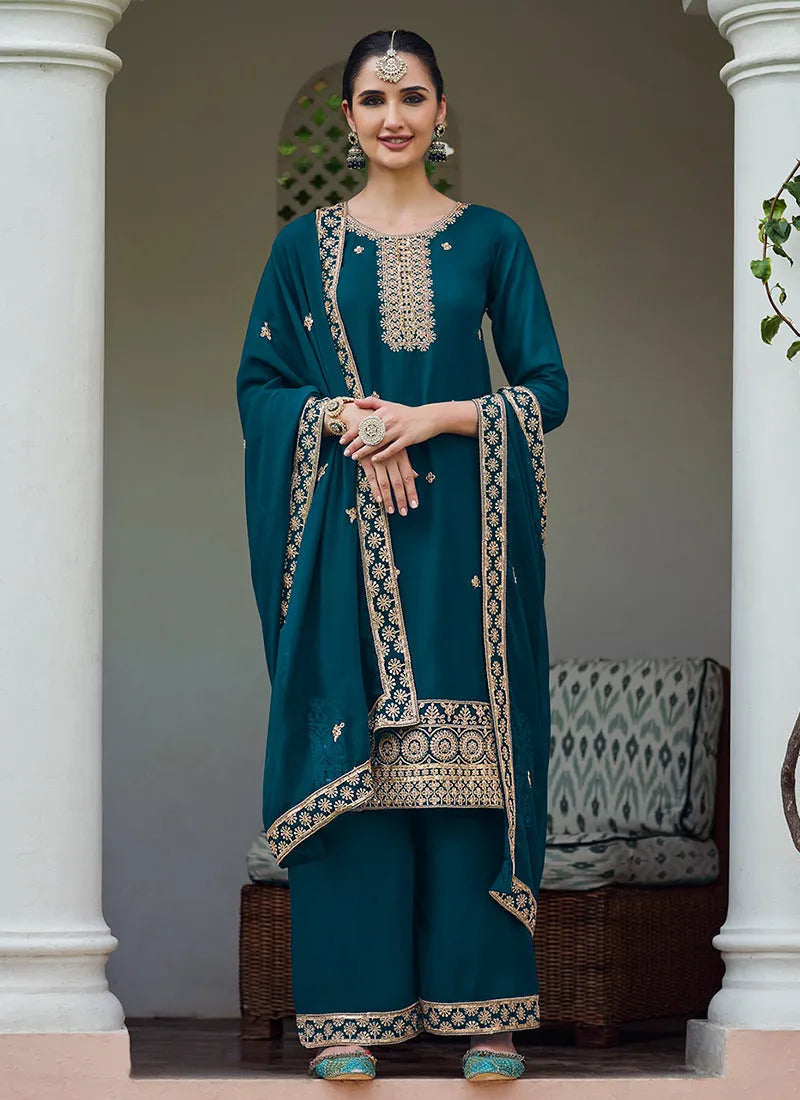 Brilliant Turquoise Embroidered Georgette Palazzo Suit Wholesale Pice