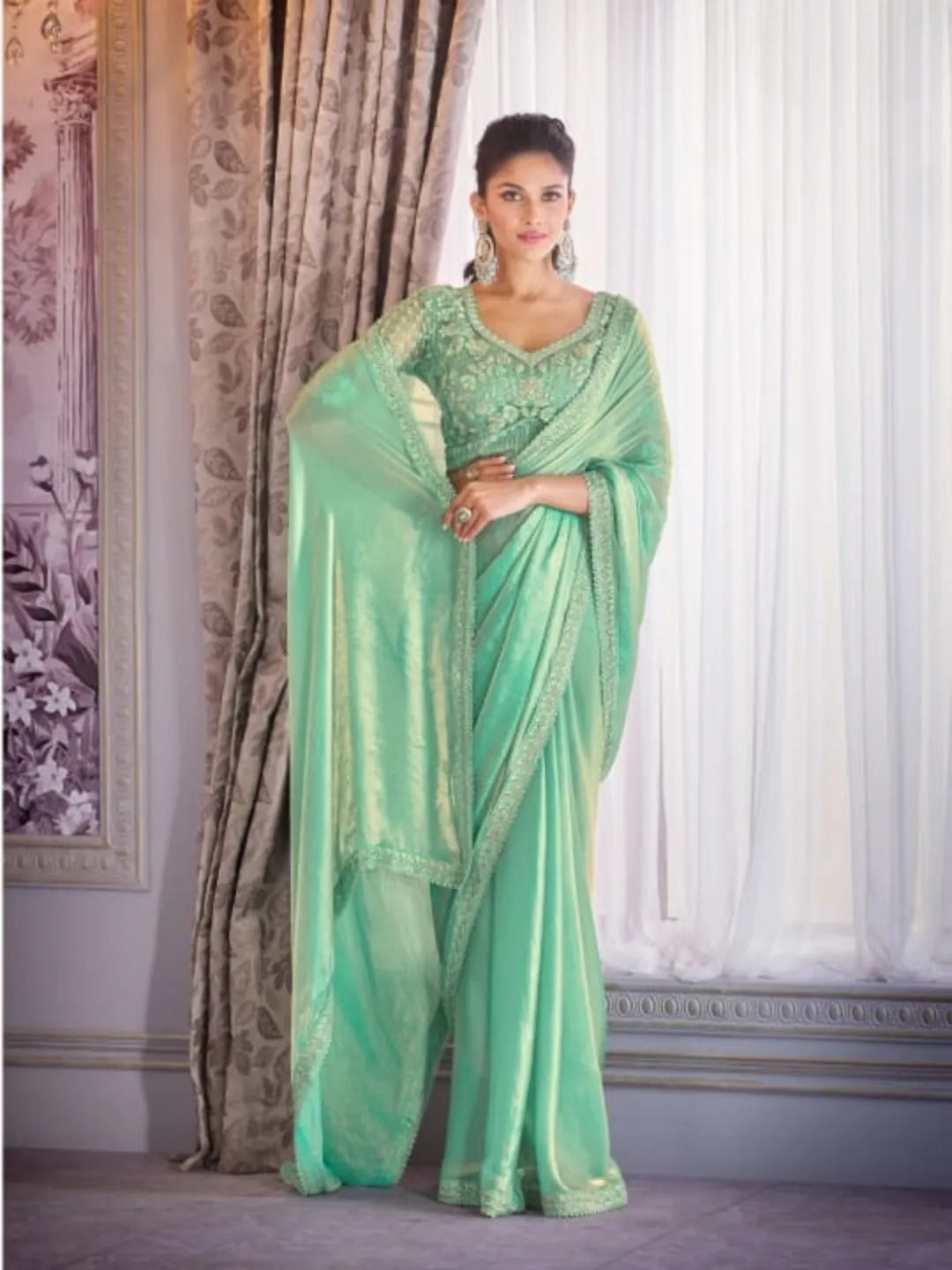 Stunning Shiny Pista Green Satin Organza Embroidered Saree Clearance Fast Delivery