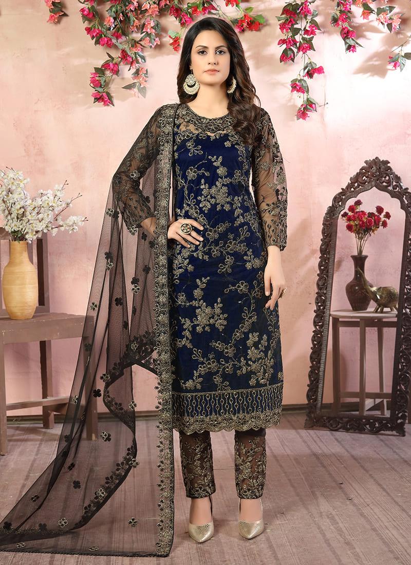 Net Base Embroidered Navy Blue Pant Style Suit For Cheap Online