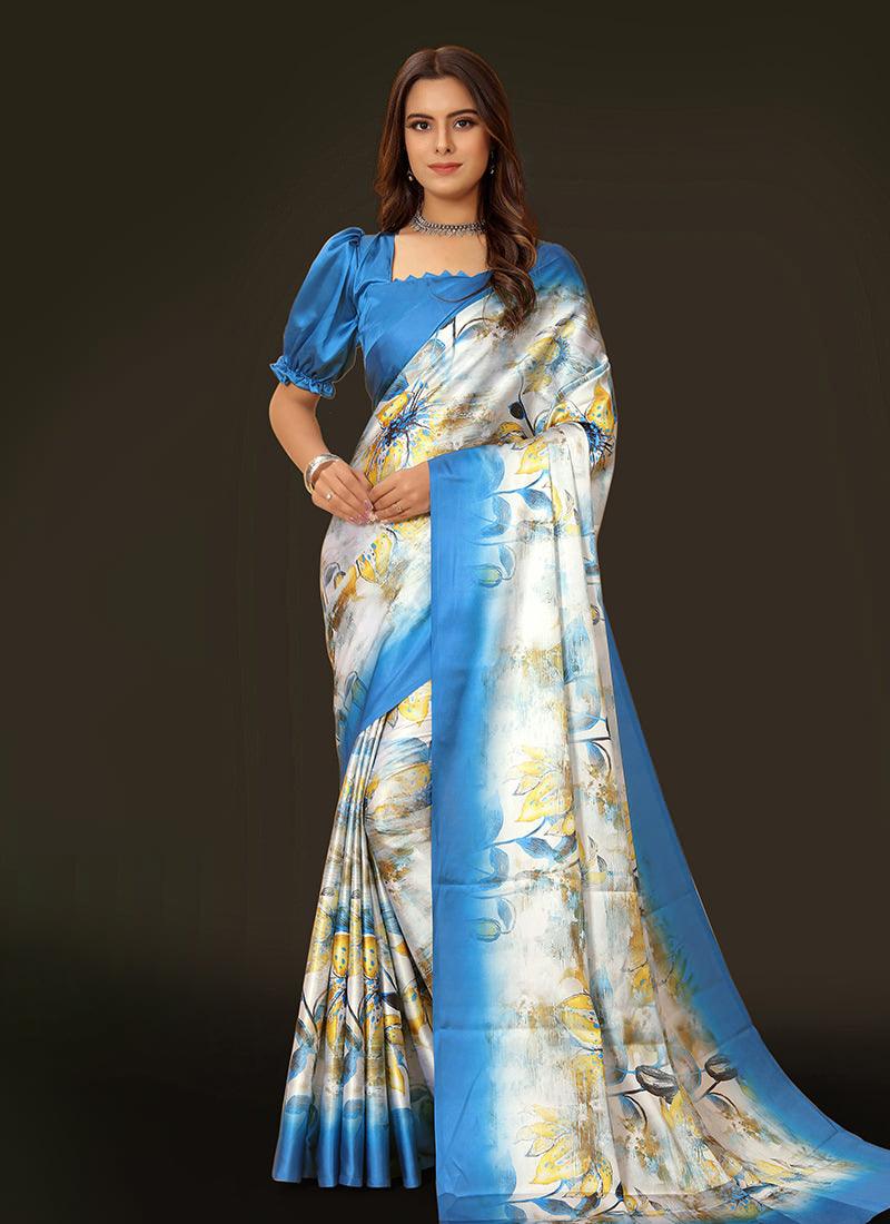 Blue Color Puff Sleeves Satin Saree Official Site