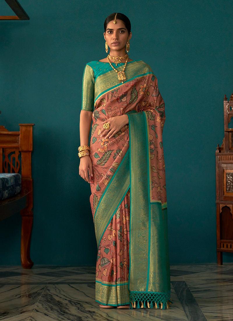 Classic Wear Peach Tussar Silk Saree Cheap Amazon