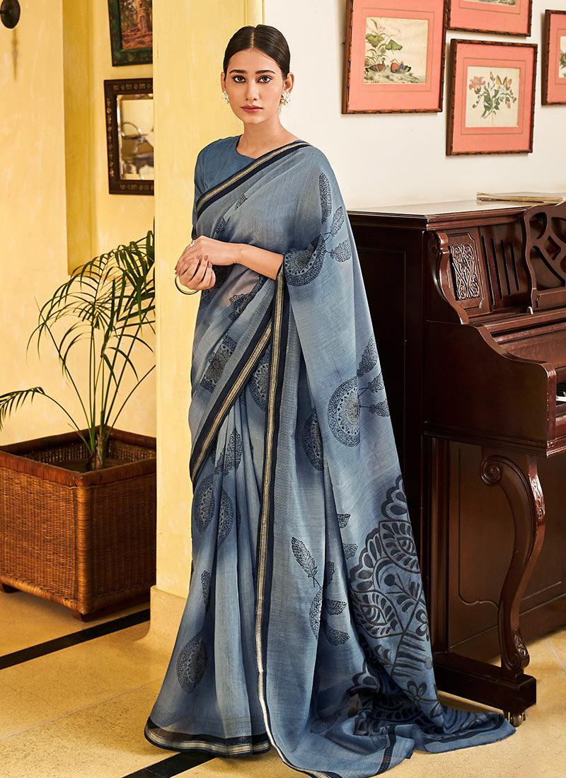 Round Neck Grey Color Floral Print Saree Discount Outlet Locations