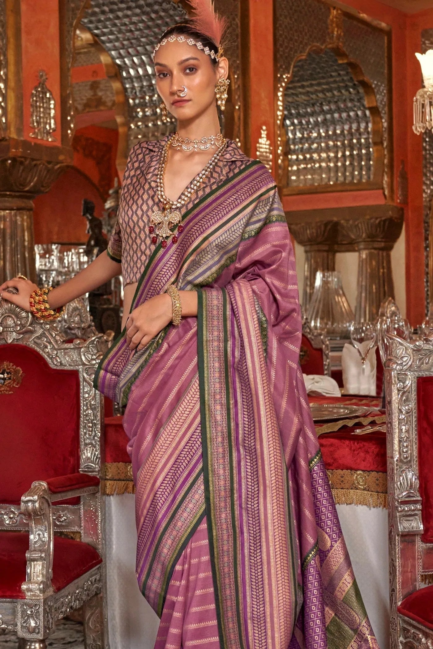 Stunning Berry Pink Kanjivaram and Patola Printed Silk Saree View For Sale