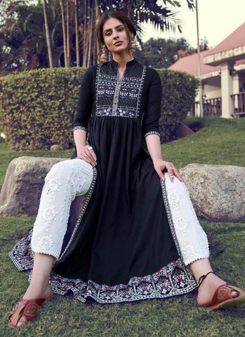 Black Color Resham Work Art Silk Fabric Lucknowi Style Salwar Suit Inexpensive Cheap Online