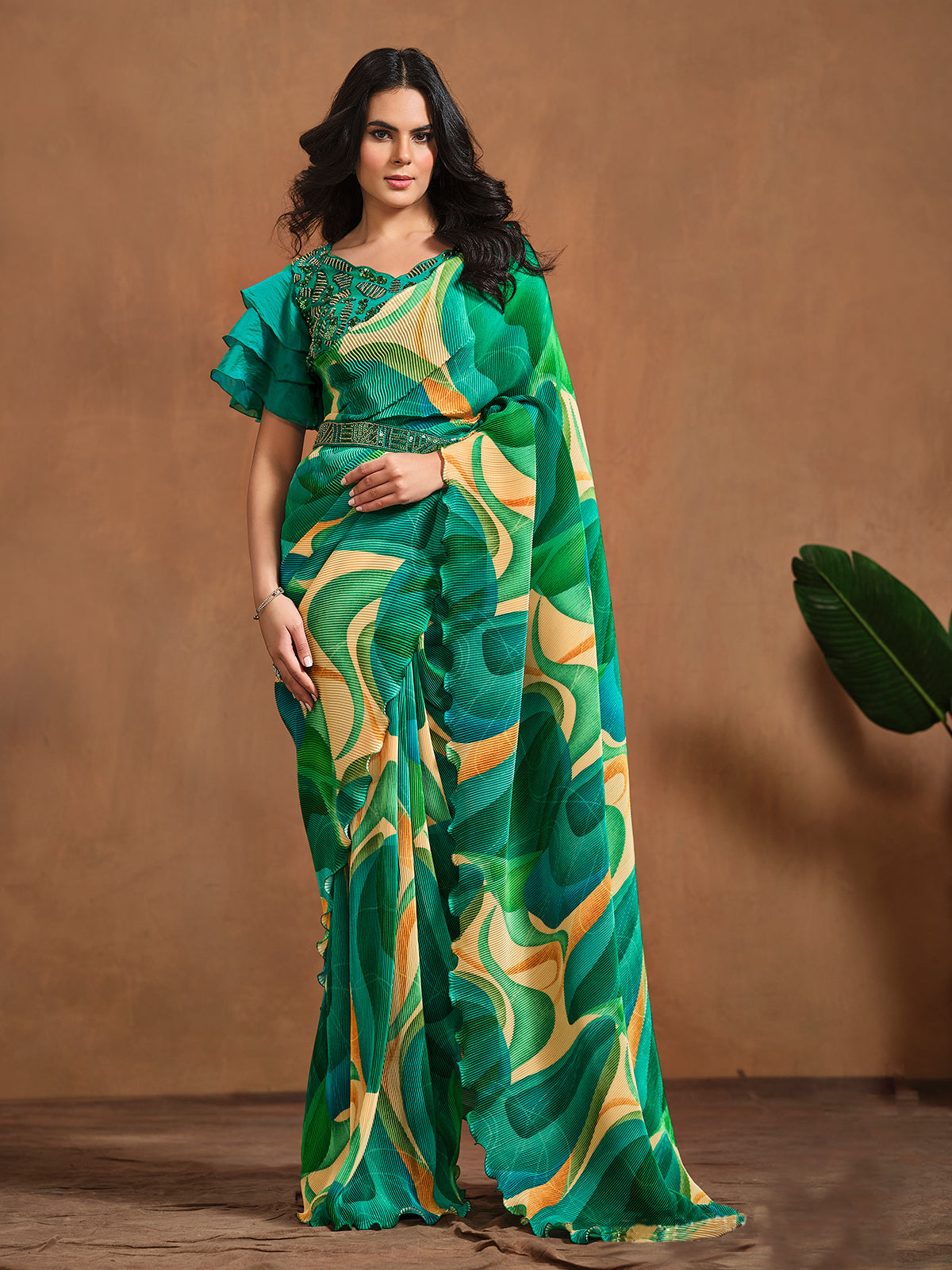 Radiant Green Satin Silk Digital Printed Ready To Wear Saree Free Shipping Popular