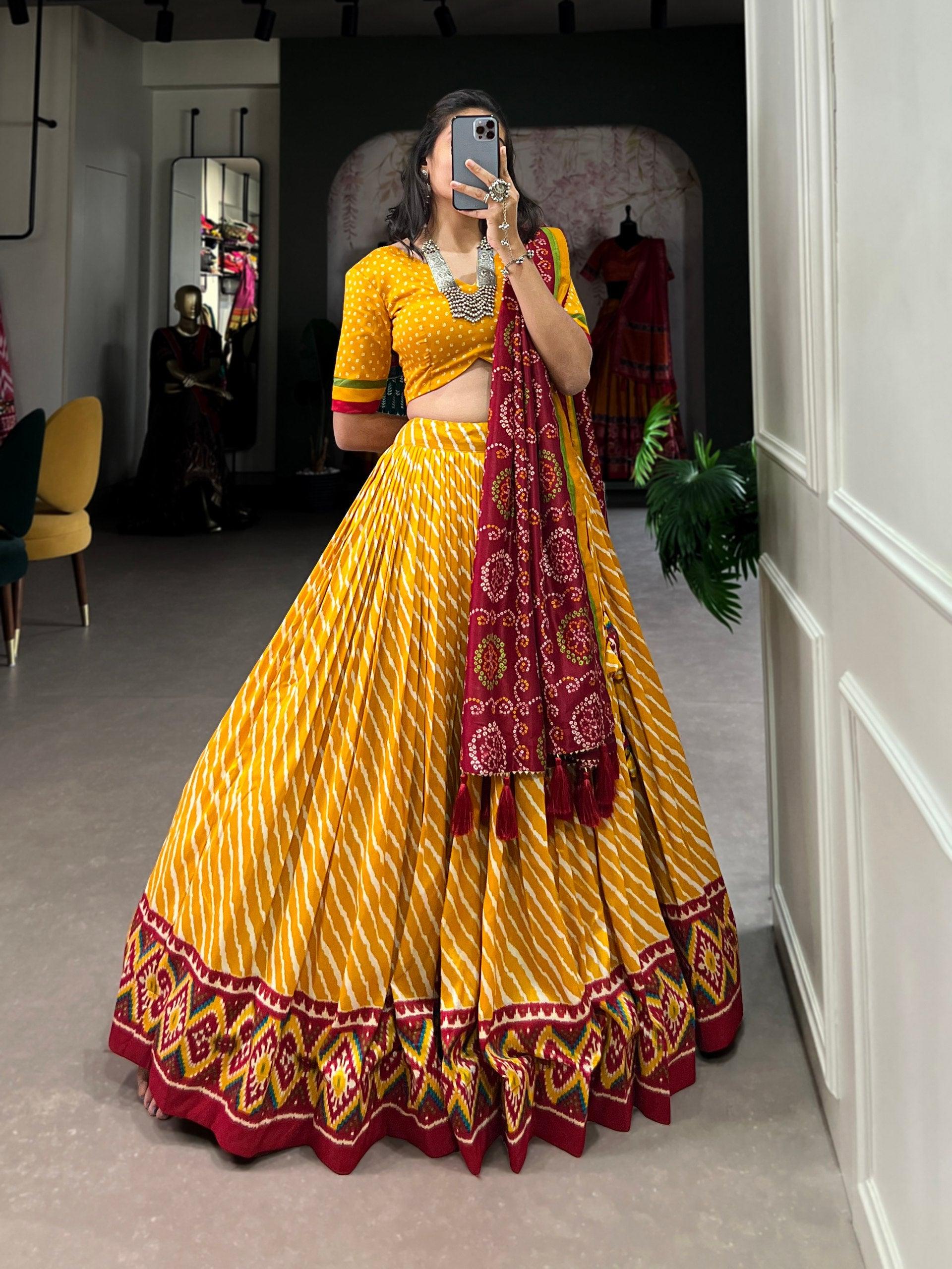 Navratri Wear Tussar Silk Leheriya Printed Lehenga Choli Set Sale Visit