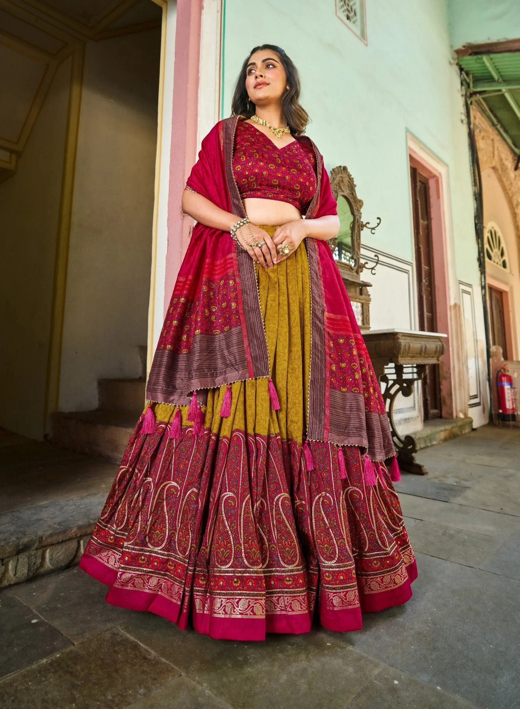 Marvelous Mustard Tussar Silk Kashmiri Printed Foil Worked Lehenga Choli Free Shipping Clearance