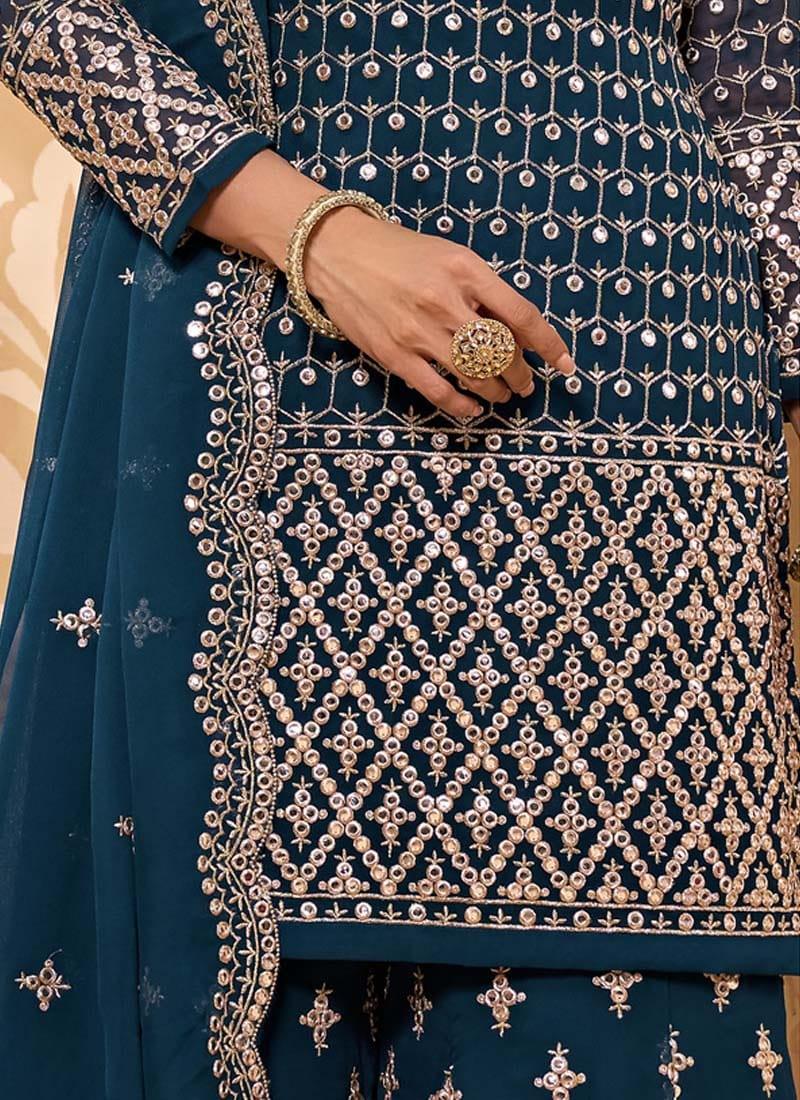 Zari And Mirror Work Blue Color Georgette Base Sharara Salwar Suit Cheap Sale Really