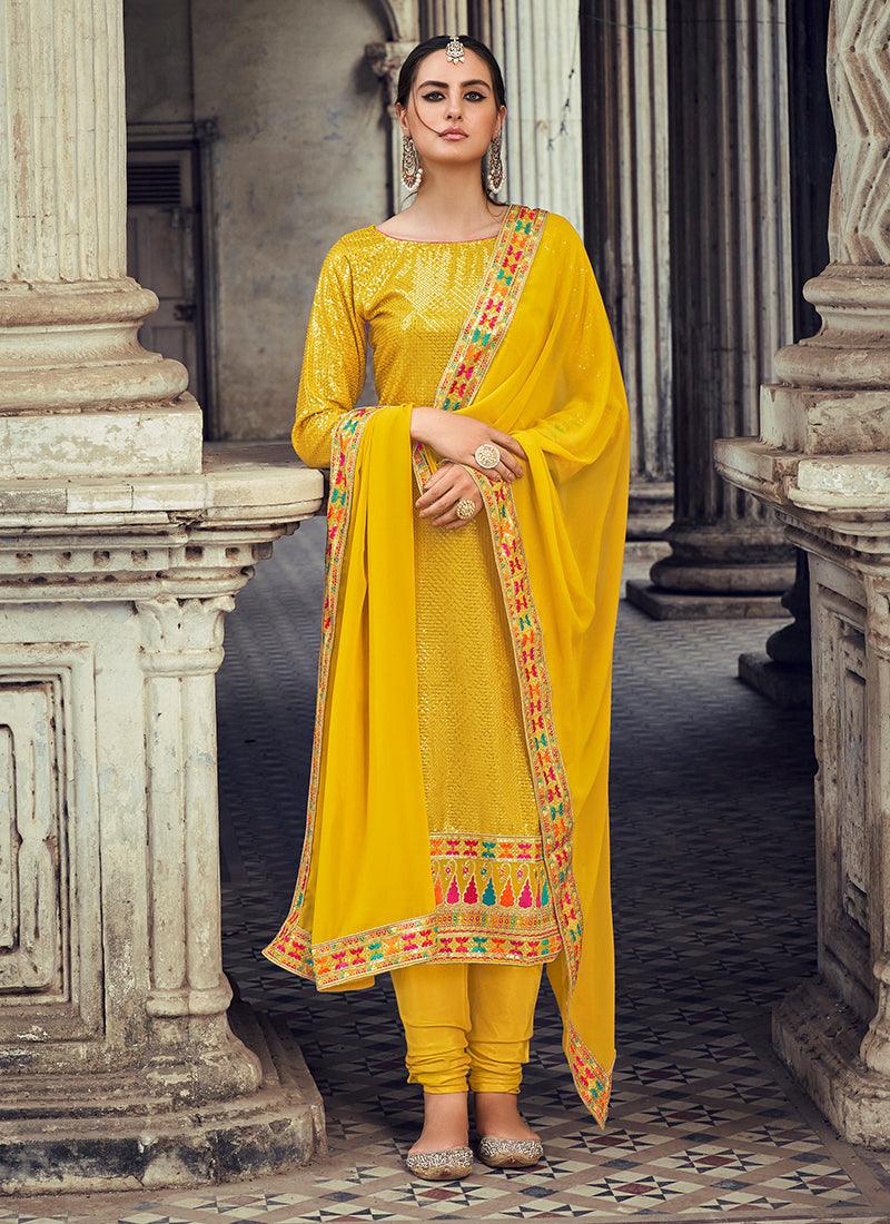 Georgette Yellow Suit With Churidar Get Authentic Sale Online