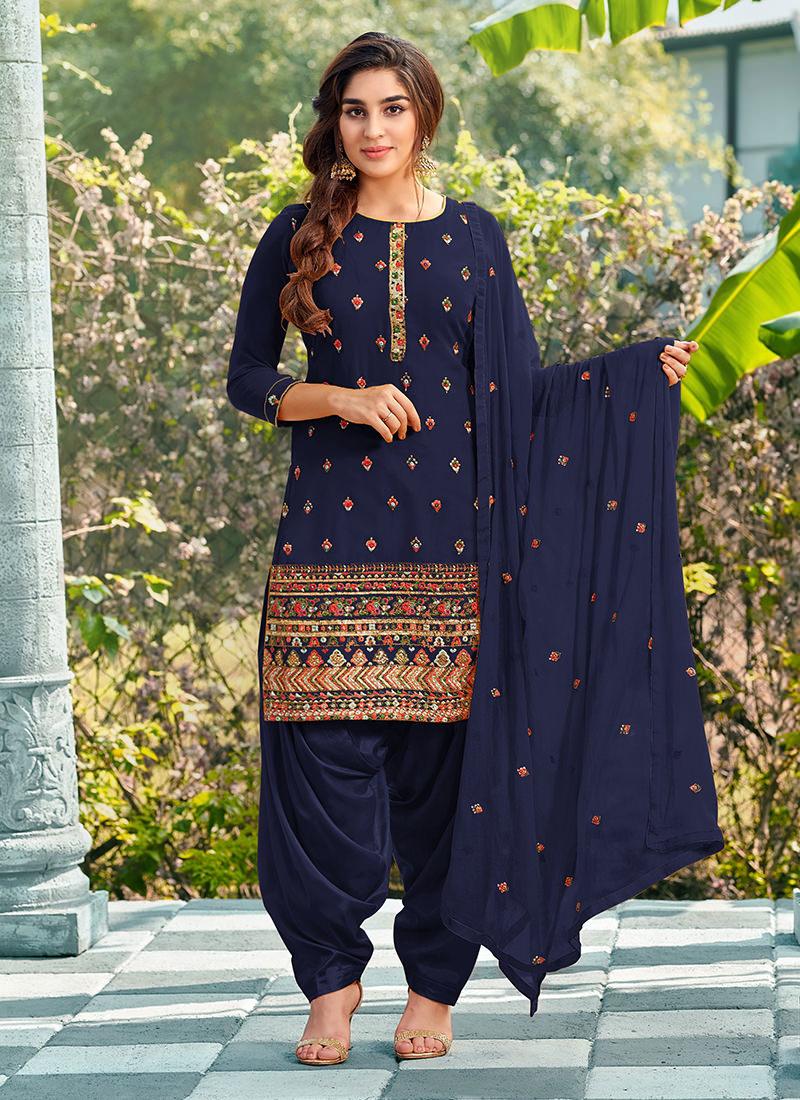 Navy Blue Dhoti Style Punjabi Salwar Suit Discount Fashionable