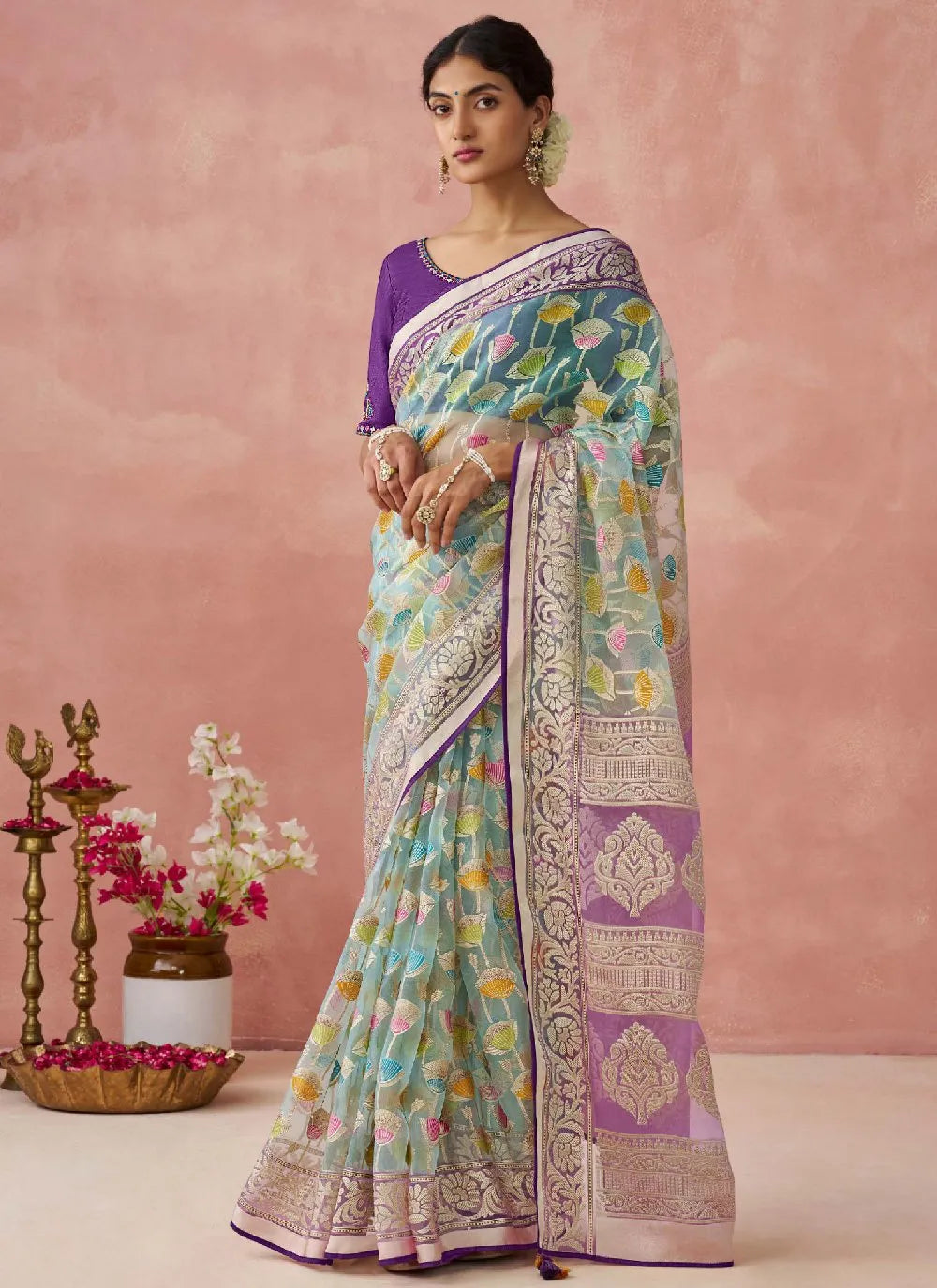 Mauve and Turquoise Organza Printed Woven Worked Saree Official