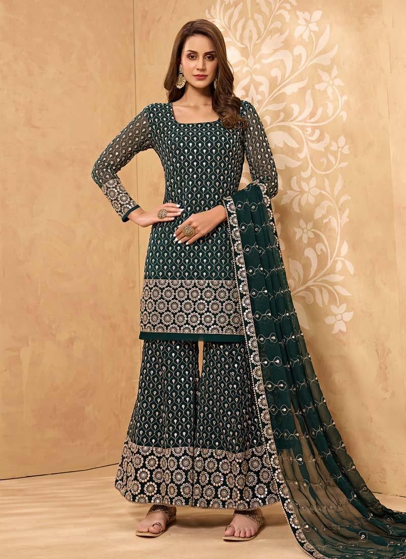 Georgette Fabric Zari And Mirror Work Green Color Sharara Salwar Suit With Credit Card