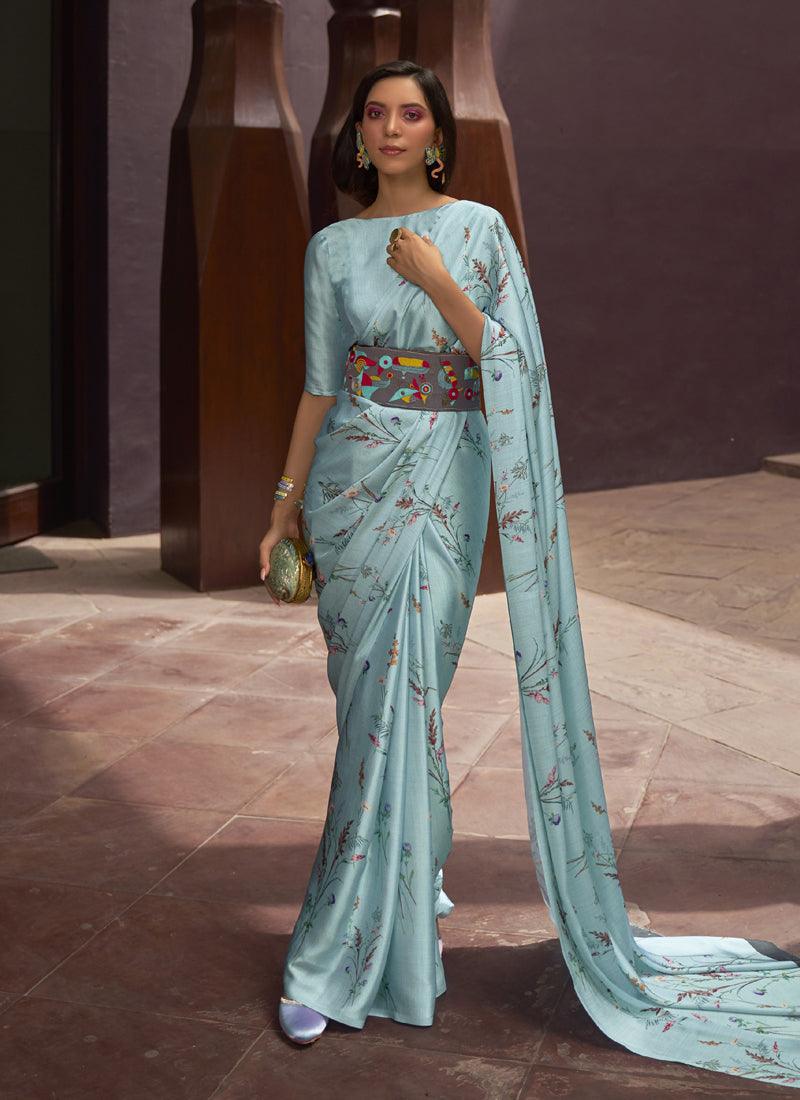 Aqua Green Satin Crepe Floral Saree Clearance Best Store To Get