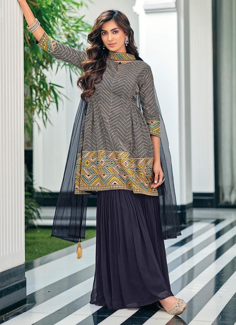 Heavy Embroidery And Sequins Work Navy Blue Festive Wear Sharara Suit Collections Cheap Online