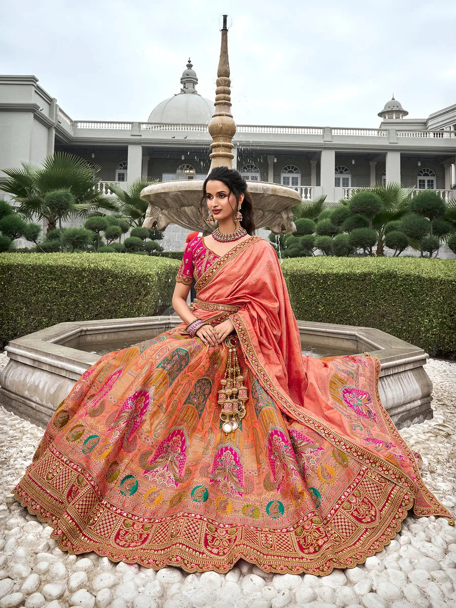 Peerless Peach Banarasi Silk Bridal Lehenga Choli Set Under 70 Dollars