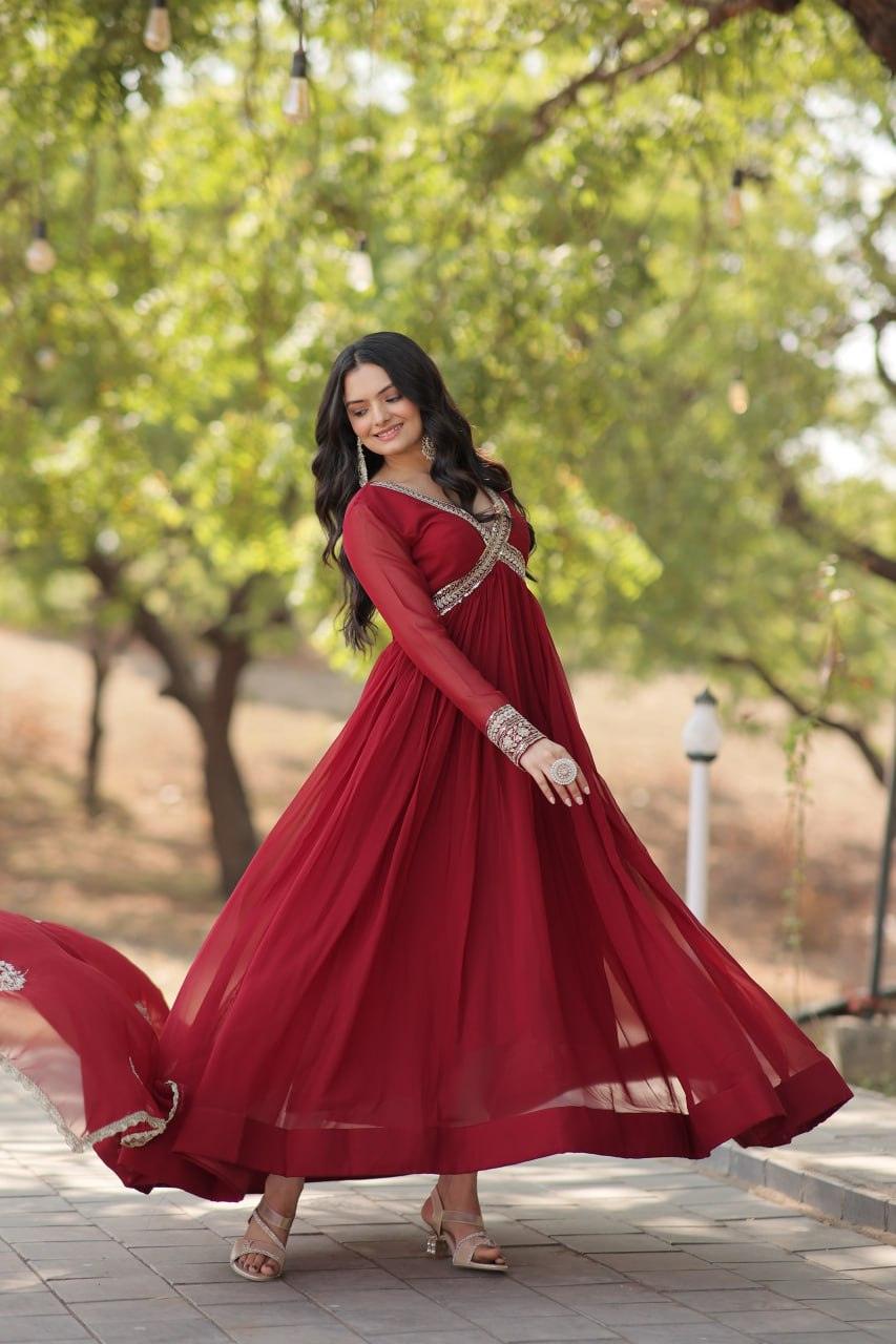 Elegant Maroon Embroidered Anarkali Gown Discount 2025 New