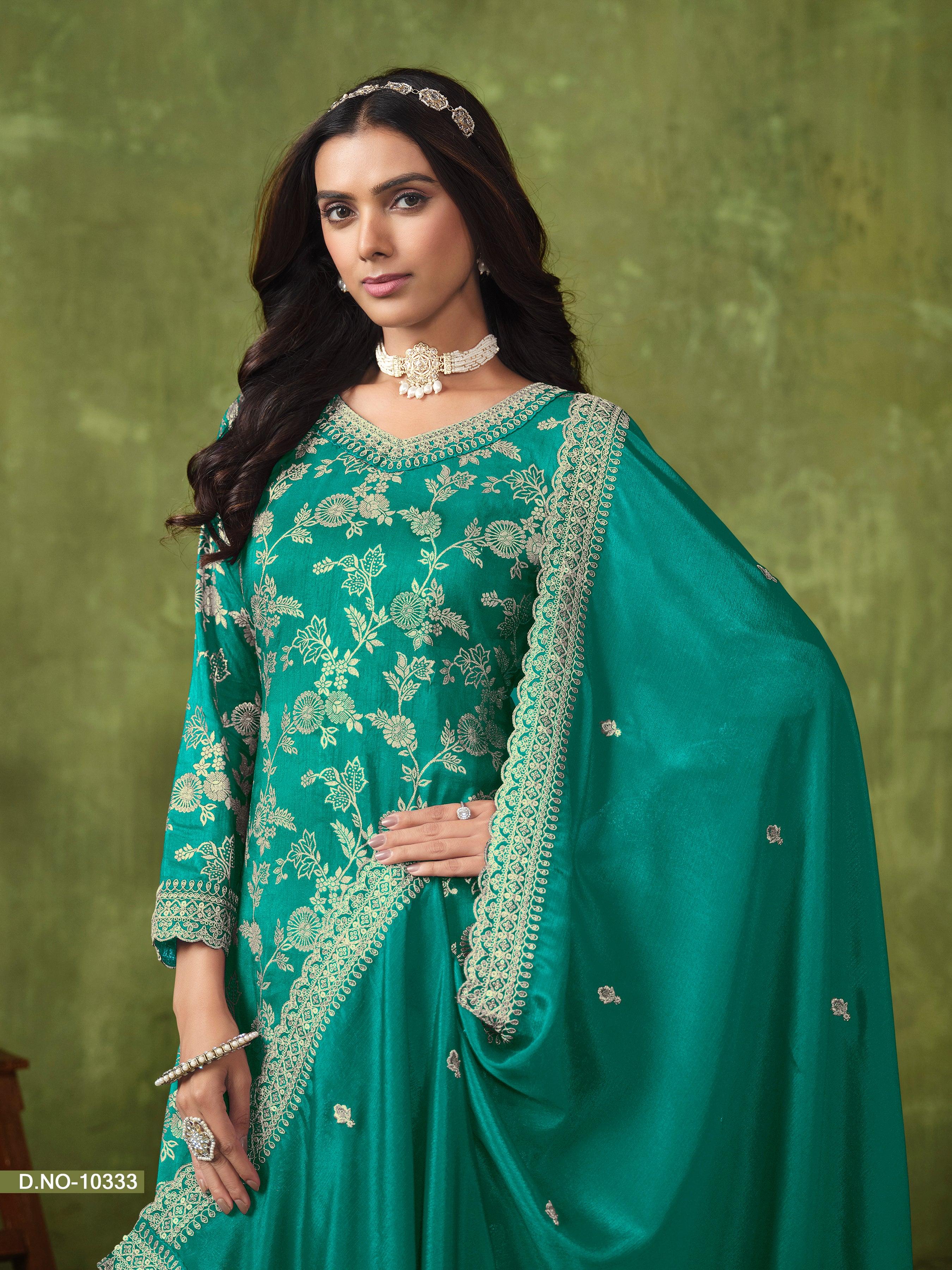 Teal Green Dola Silk Jacquard Festive Wear Palazzo Suit Sale Free Shipping