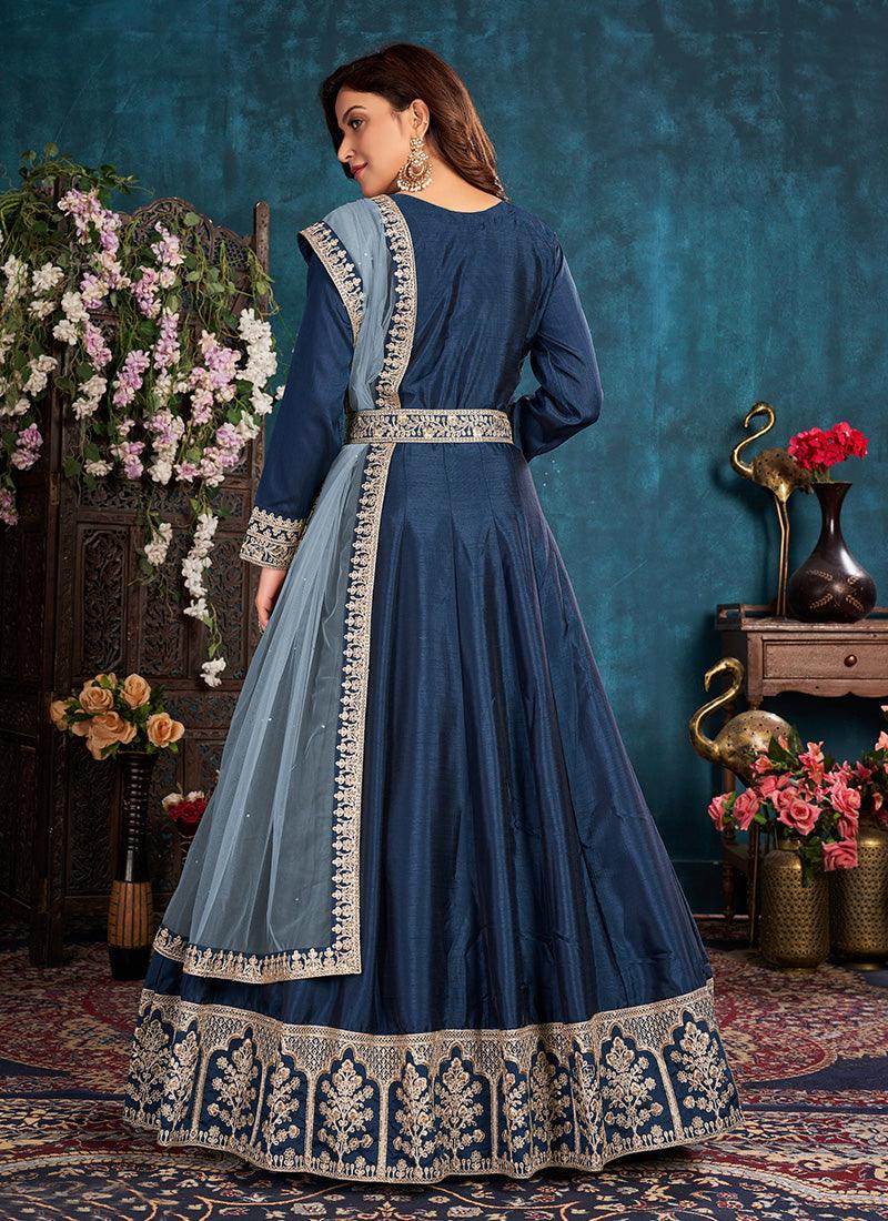 Navy Blue Color Art Silk Fabric Dori Work Gown With Net Dupatta Outlet Get To Buy