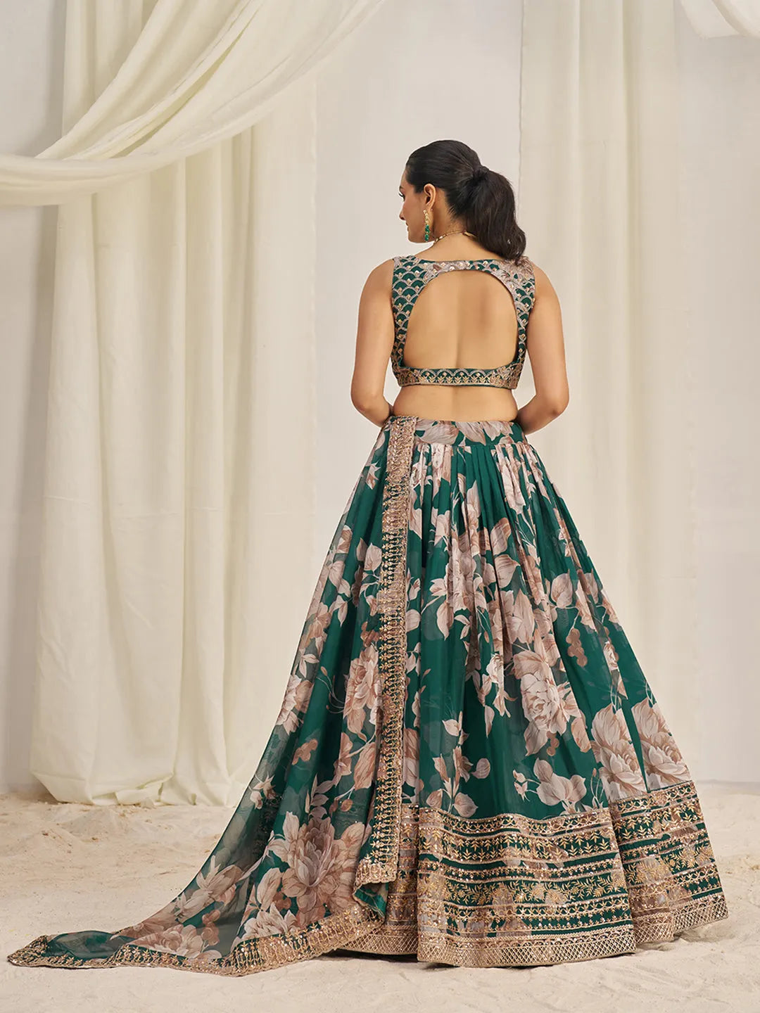 Dark Green Organza Zari Dori Sequins Floral Lehenga Choli Set Sale Top Quality