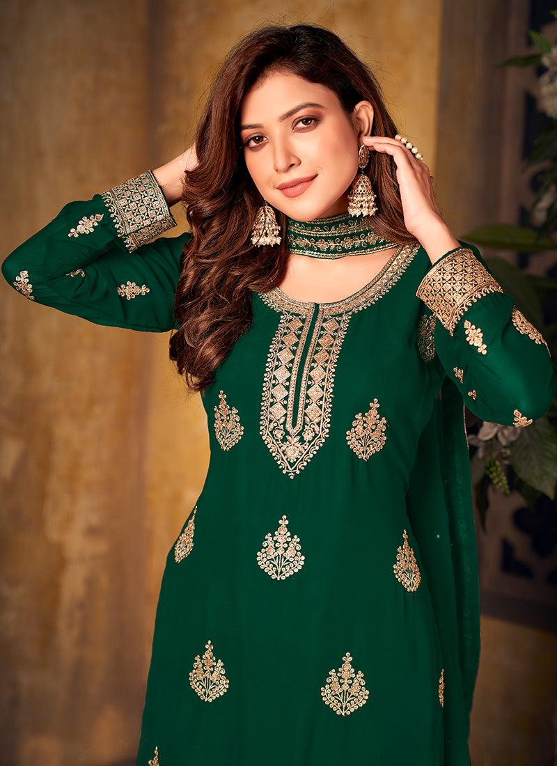 Dark Green Color Georgette Base Embroidered Palazzo Suit With Sequins Work Buy Online