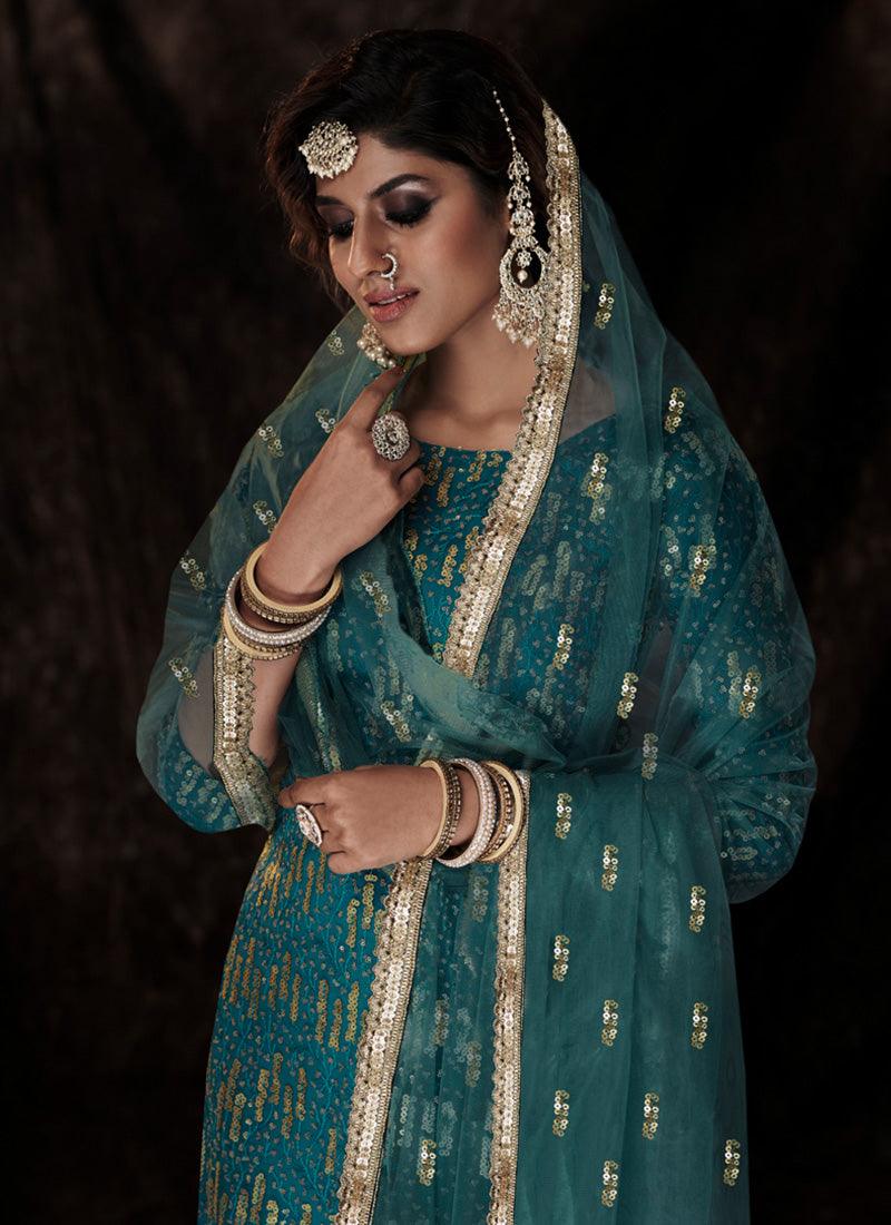 Elegant Turquoise Color Soft Net Base Sharara Suit With Sequins Work Store With Big Discount