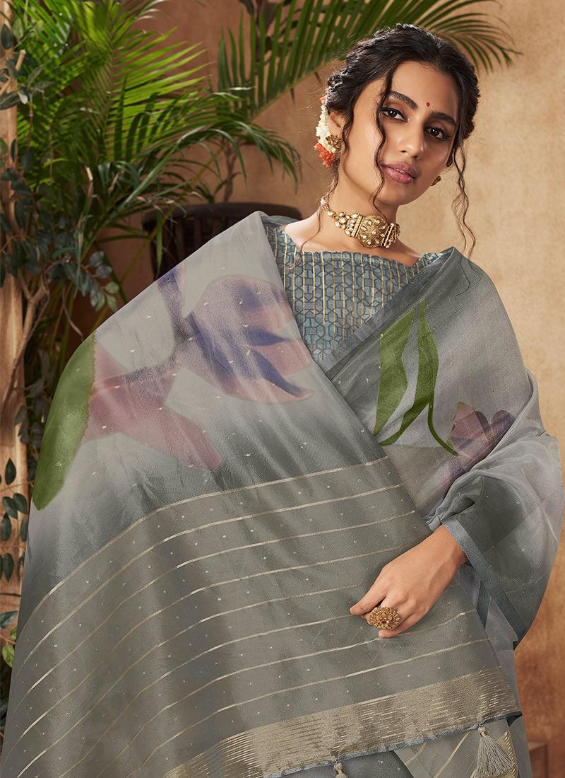 Organza Base Printed Grey Floral Saree Sale Reliable