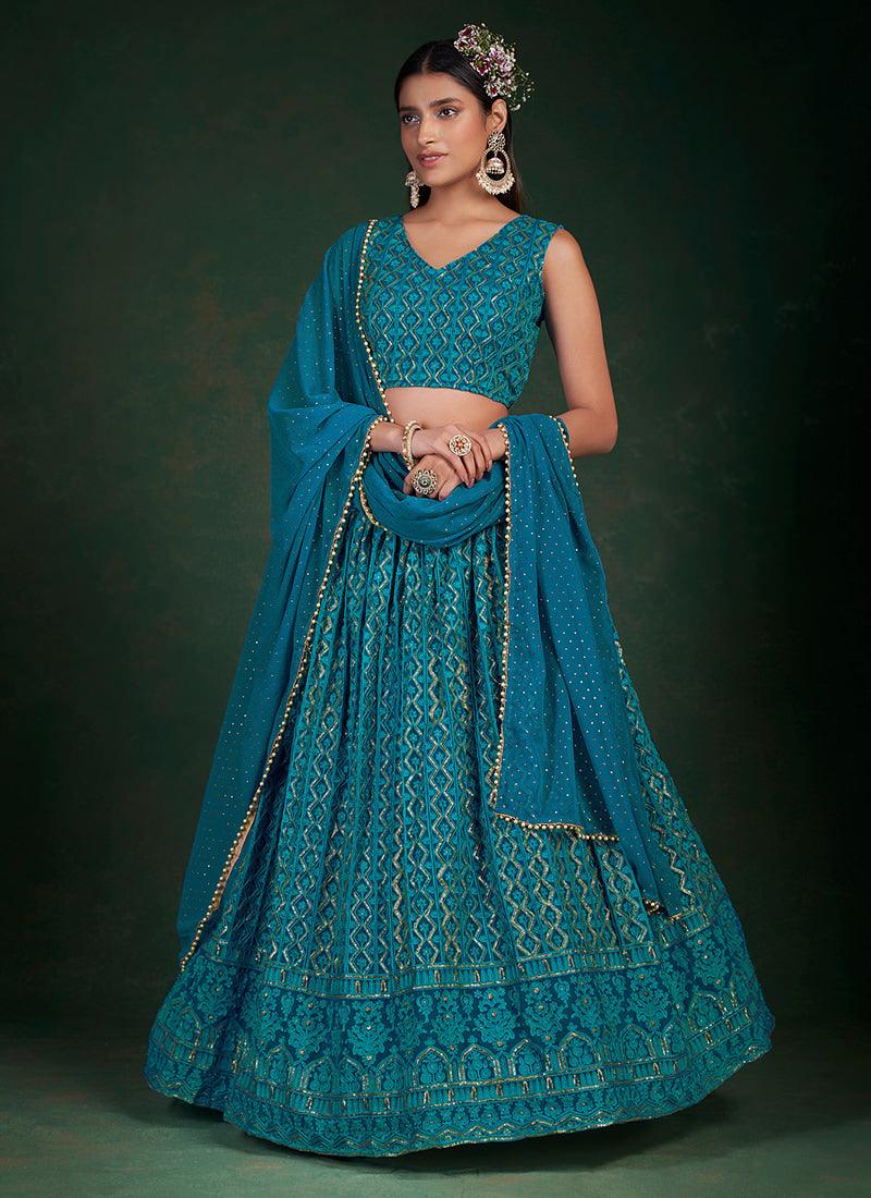 Sleeveless Rama Blue Embroidered Lehenga Low Pice Fee Shipping Online