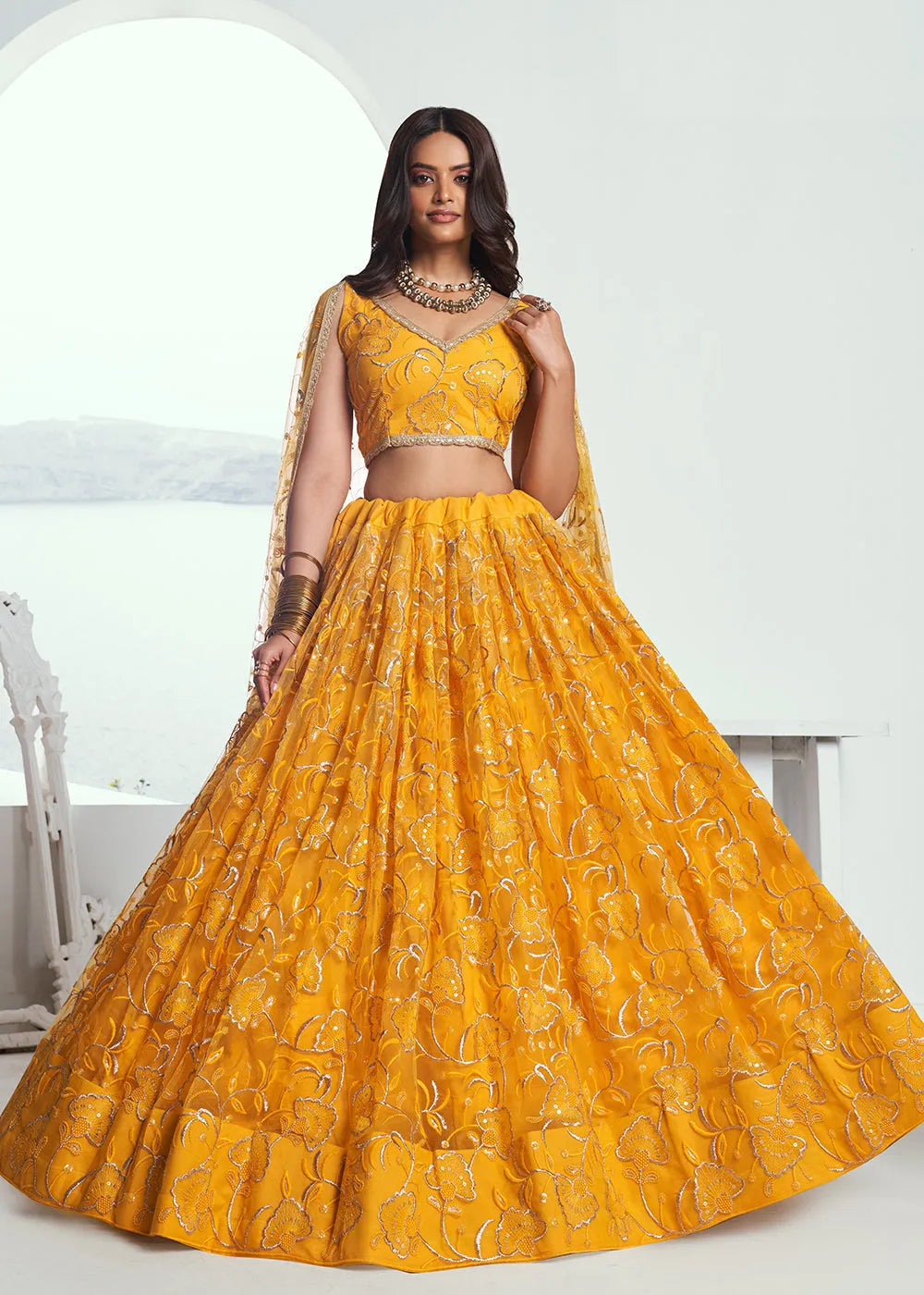 Exquisite Embroidered Net Yellow Wedding Wear Lehenga Choli Cheap Sale Manchester Great Sale